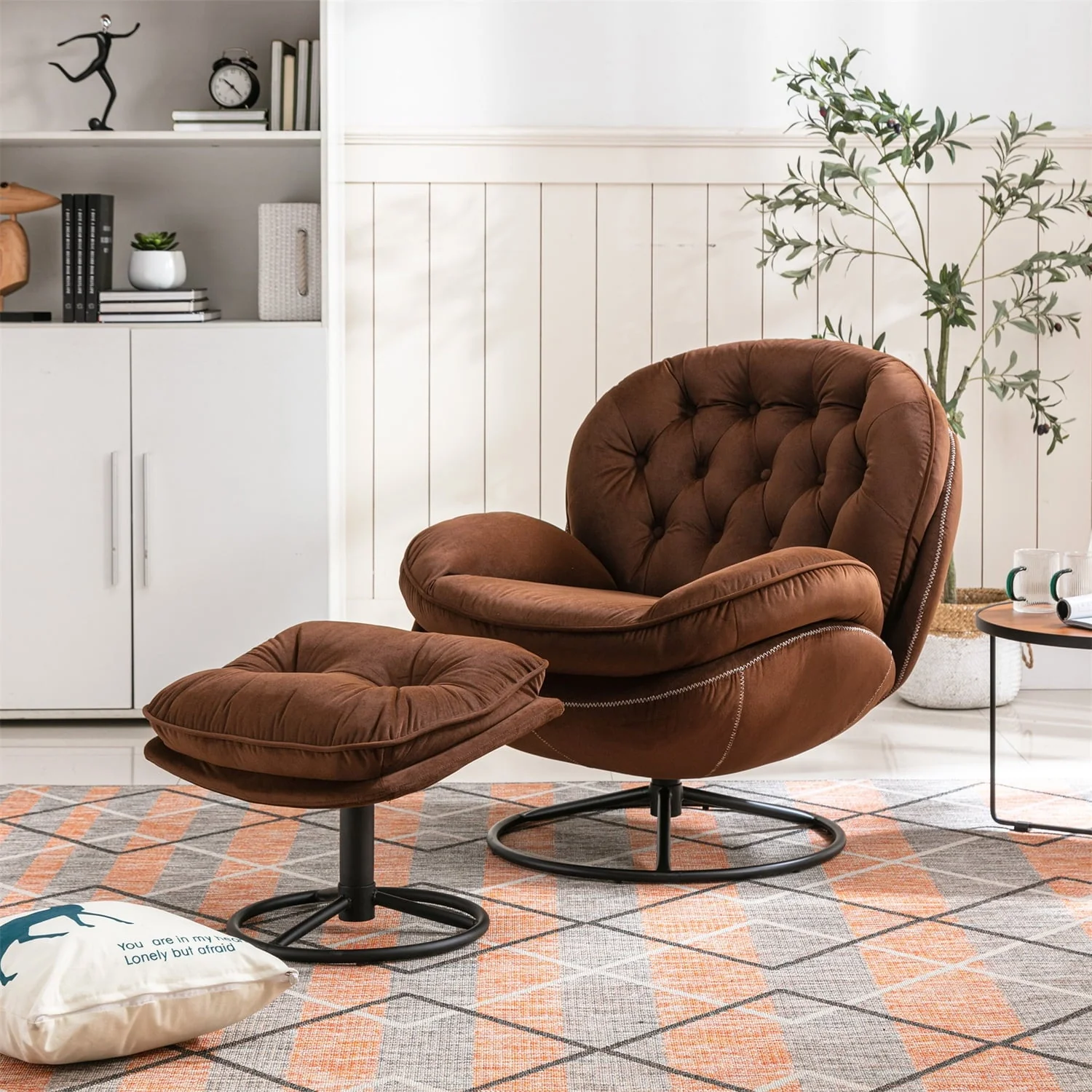 Velvet Swivel Accent Chair with Ottoman Set, Modern Lounge Chair with Footrest and Metal Base Comfy Armchair with 360 Degree Swiveling Single Sofa Chair Accent Chairs for Living Room, Green(Beige) - Image 8