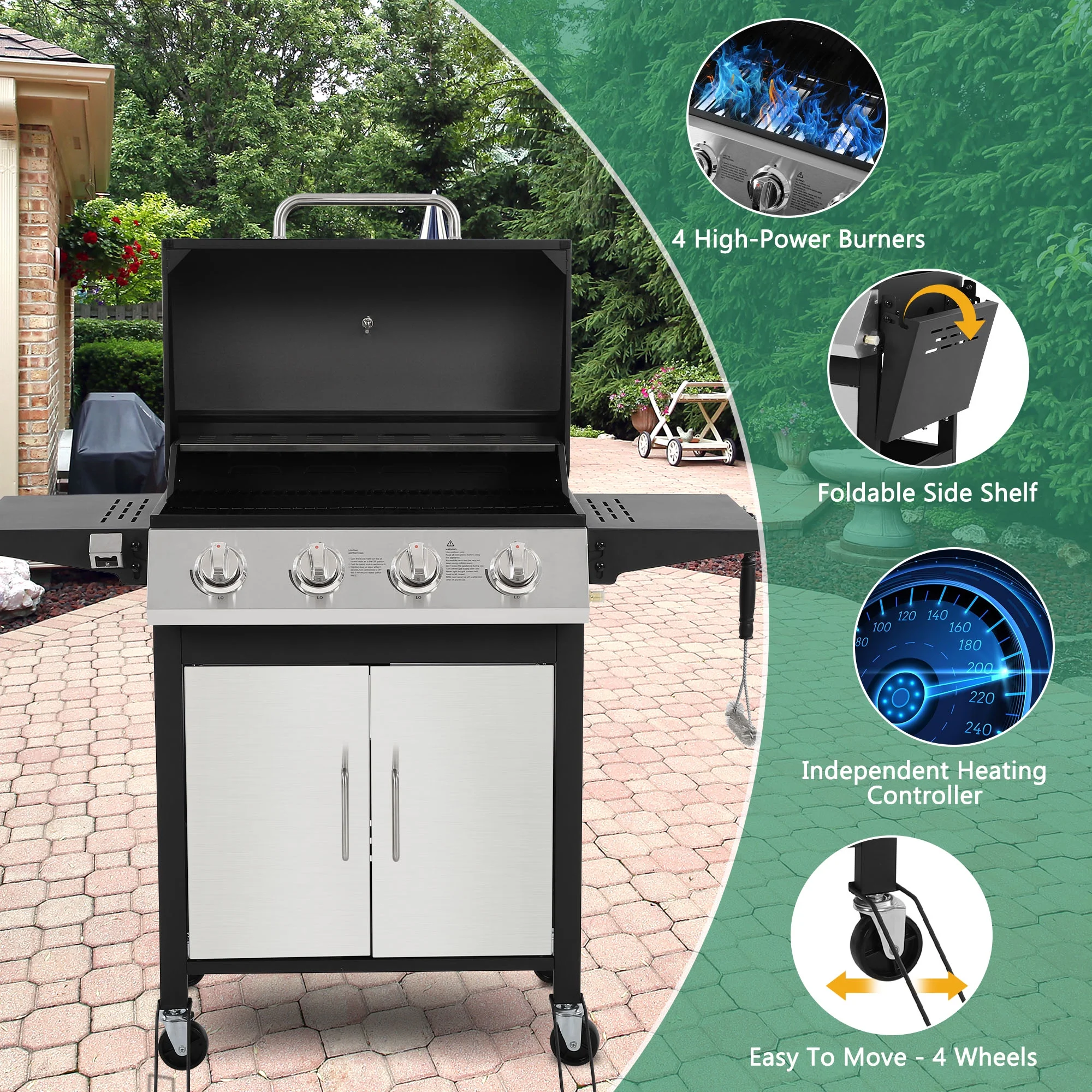 4-Burner Gas Grill with 4 Universal Wheels Bottle Opener, 40000BTU Outdoor Grill with Side Table for Camping, Black Sliver(4-Burner (40000 BTU)) - Image 4