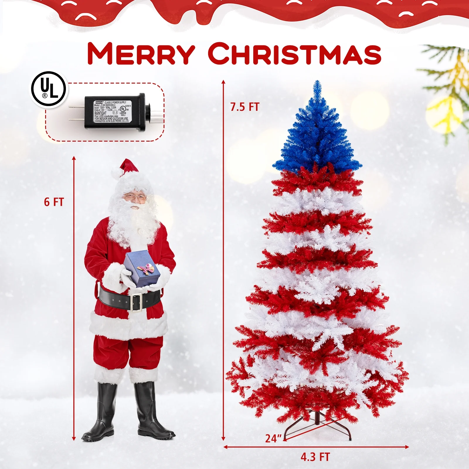 7.5 FT Patriotic Pre-Lit Artificial Christmas Tree with 1341 Branch Tips 480 Lights - Image 3