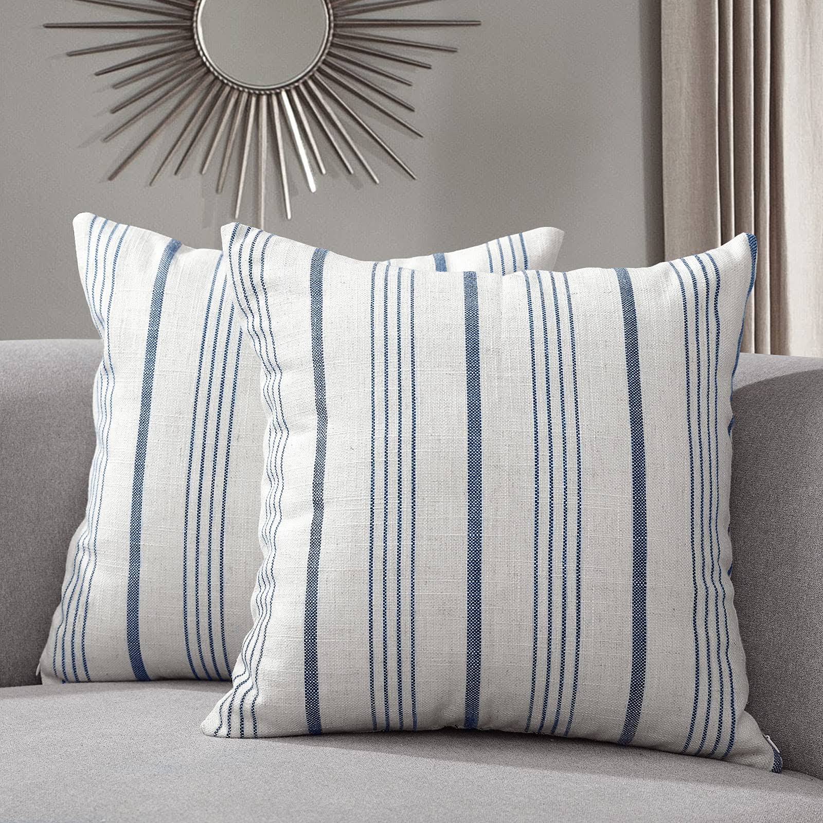 Sunlit Decorative Farmhouse Throw Pillow Case, Set of 2 Cream/Off-White with Blue Stripes Modern Accent Square 18
