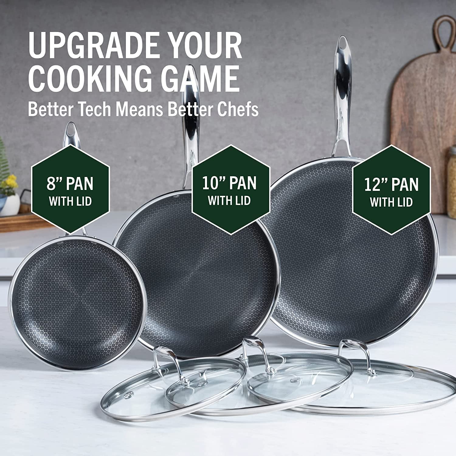 6 Piece Hybrid Stainless Steel Cookware Pan Set 8", 10", 12" with Glass Lids(Silver) - Image 4