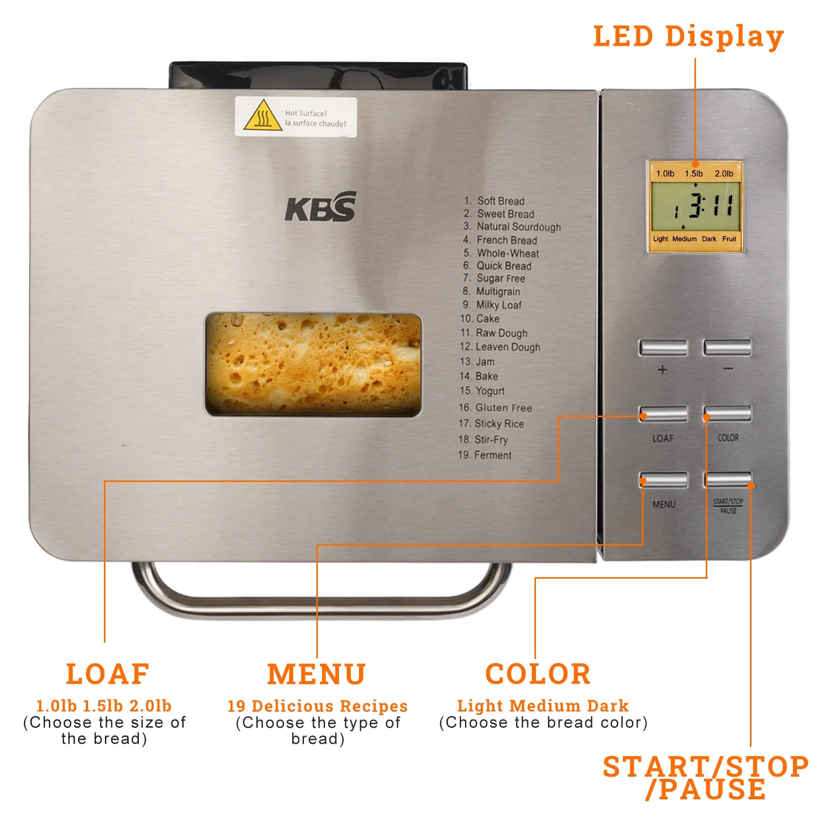 19-in-1 2LB Bread Maker Machine Fully Automatic LCD Display,Stainless Steel Model# 013 - Image 2
