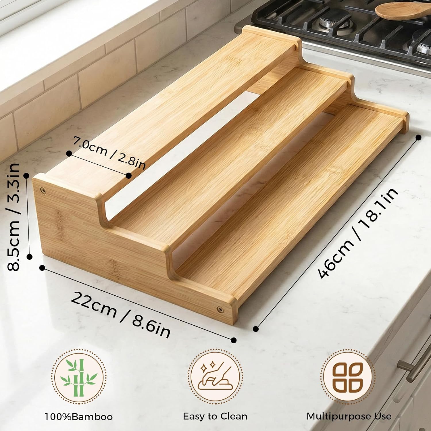 Spice Rack Organizer for Cabinet, 18in Bamboo Tiered Spice Rack, Used for Kitchen Countertops and Food Storage Room Organizer, Specially Designed for Jars and Spice Bottles (Bamboo, L)