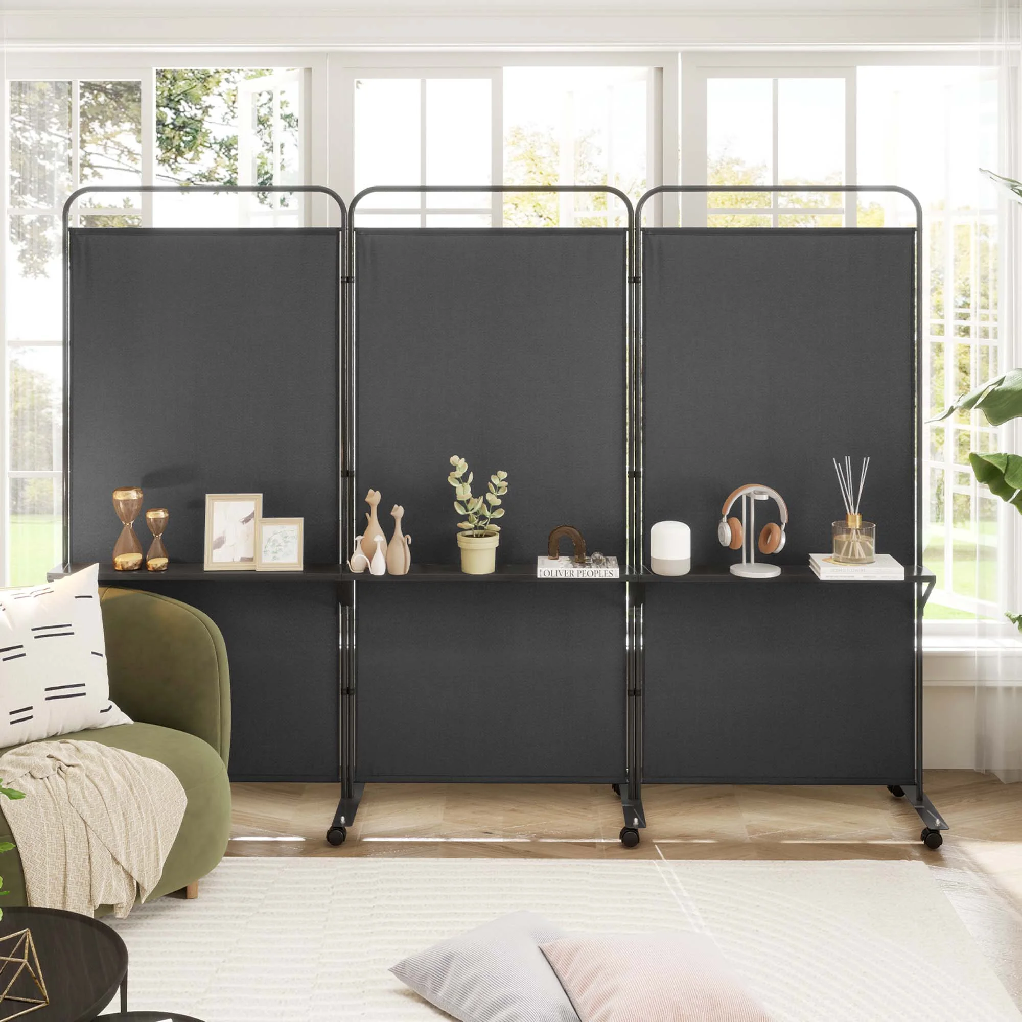 Costway 3 - Panel Room Divider with Storage Shelves 6FT Tall Folding Privacy Screen on Wheels Black