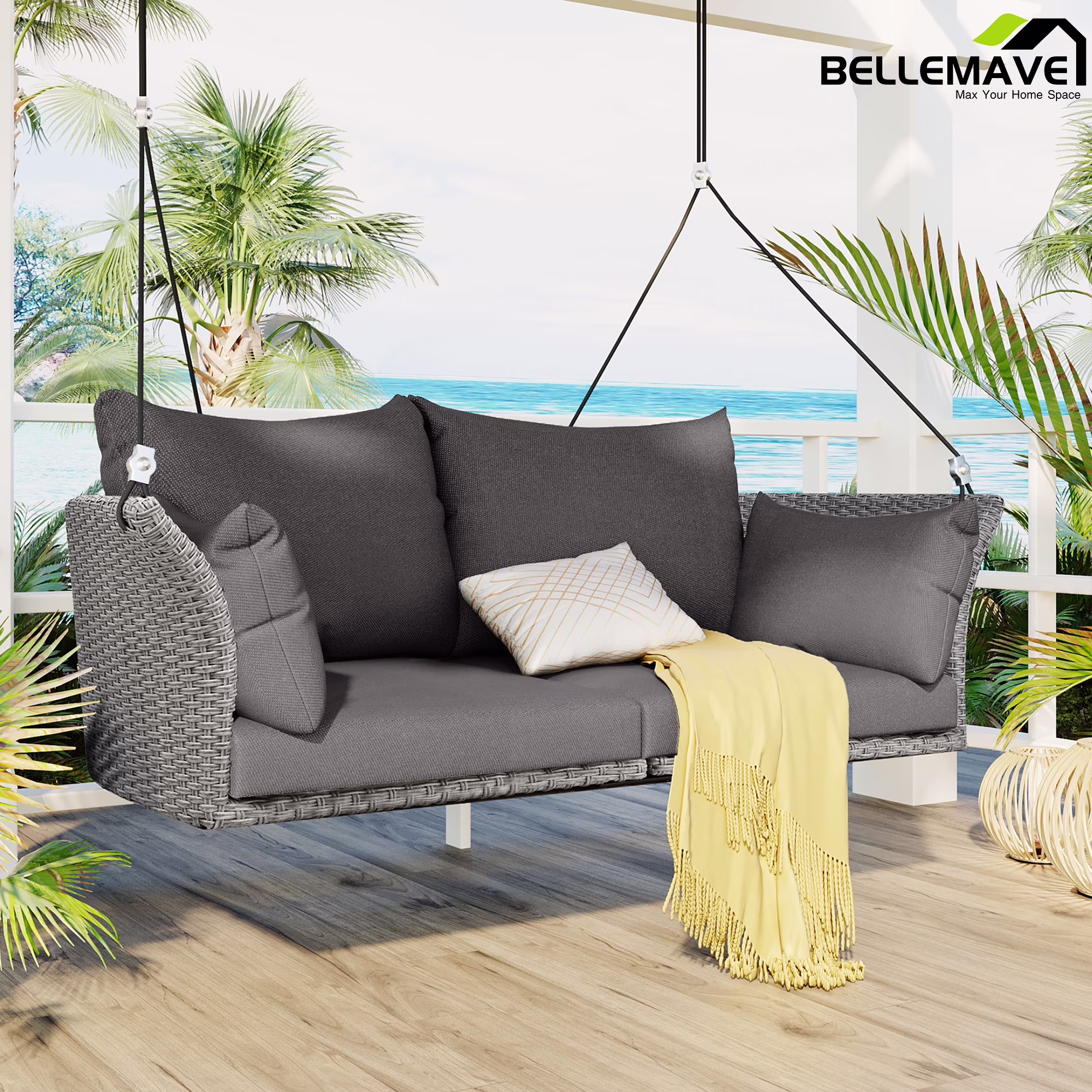 BELLEMAVE 51.9 2-Person Hanging Seat, Deck, Backyard, Garden Rattan Woven Swing Chair, Porch Swing Chair with Ropes, Pillow and Removable Cushion(Gray)