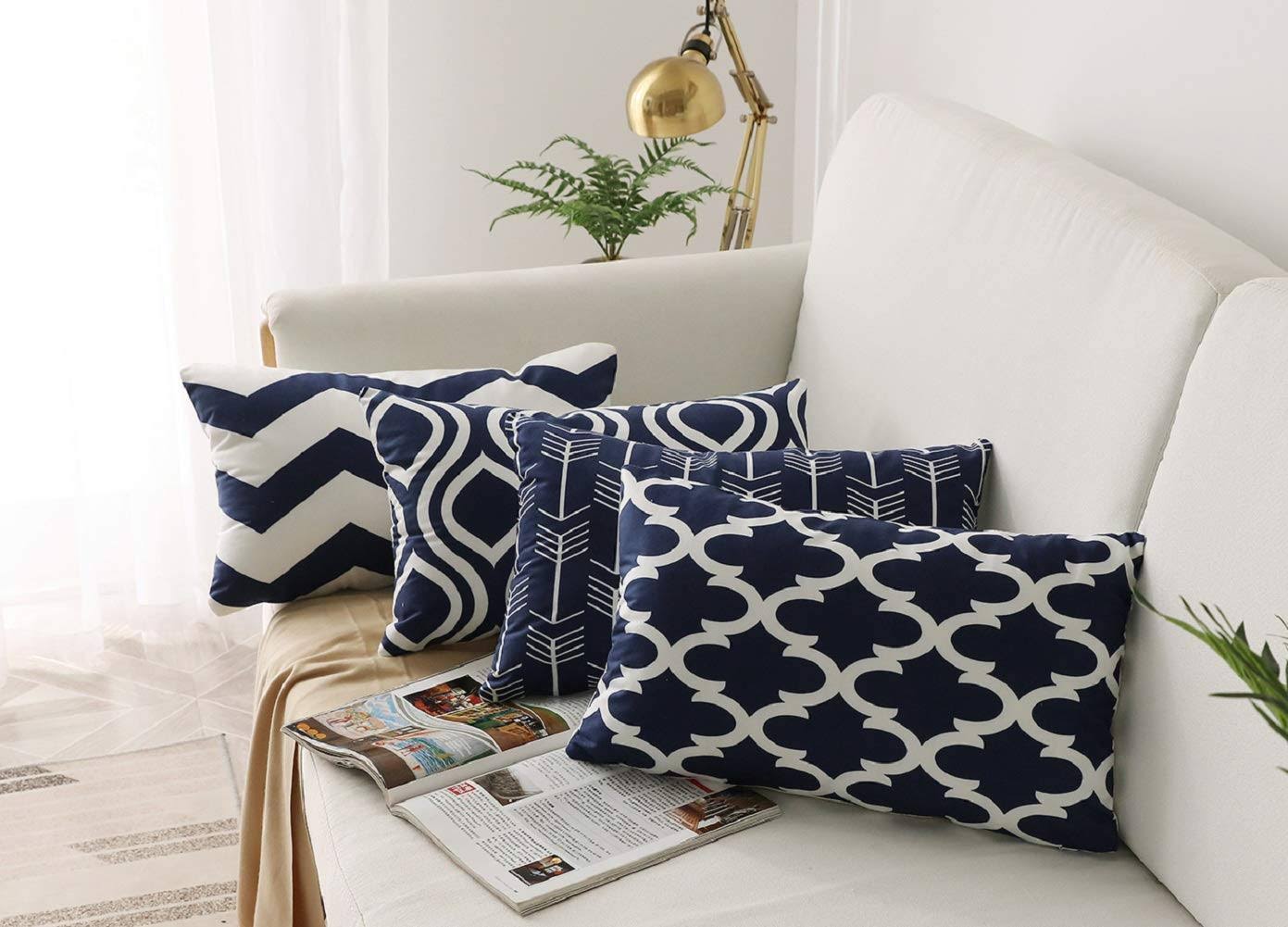 FanHomcy Navy Blue Lumbar Throw Pillow Covers, 4 Pack, Decorative Bed Sofa Couch Cushion Pillowcases,12 x 20 Inches,Geometric Quatrefoil Arrow Ogee