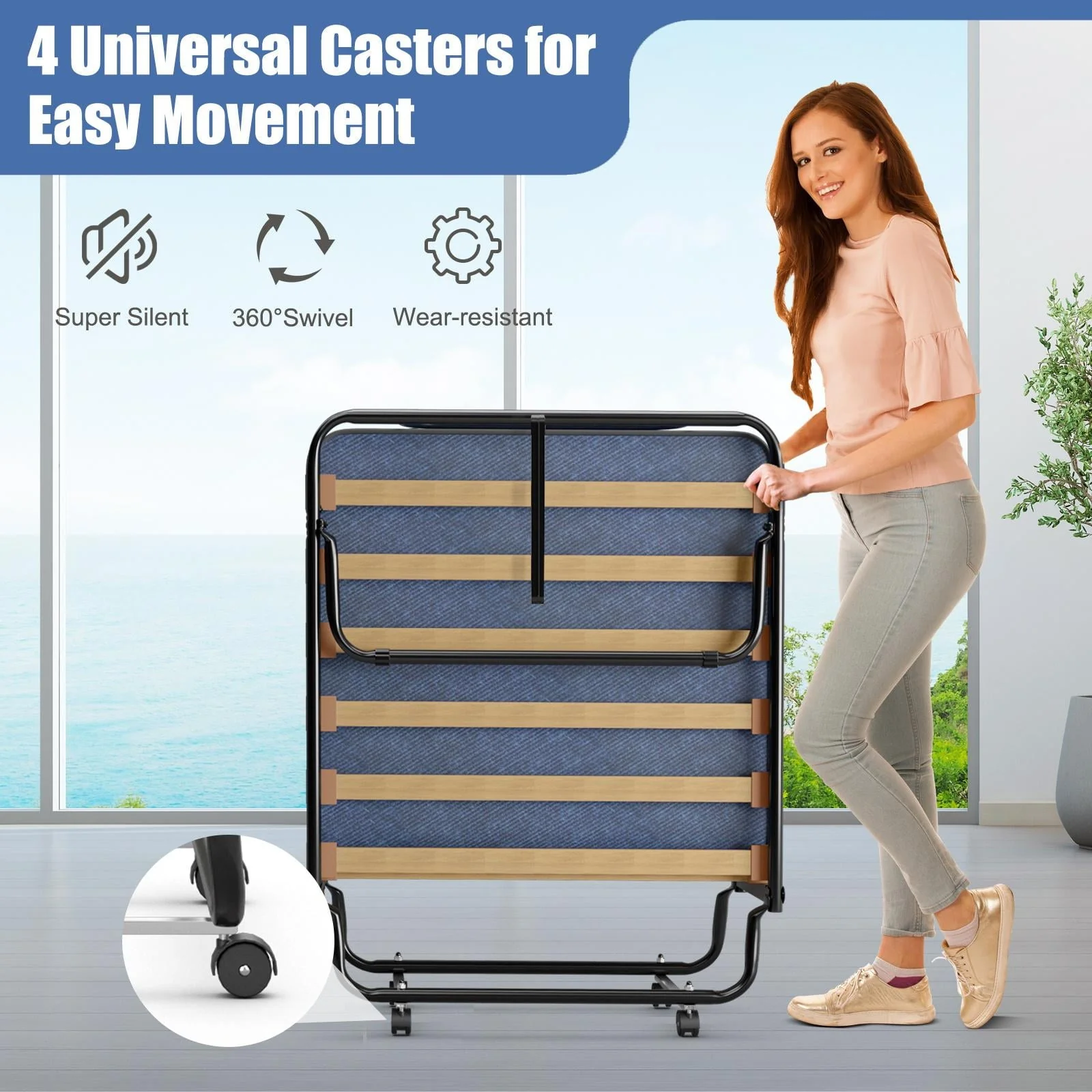 Rollaway Bed with Memory Foam Mattress, Folding Portable Guest Cot Size w/Sturdy Metal Frame for Home, Garden Office, Made in Italy (Navy) - Image 7