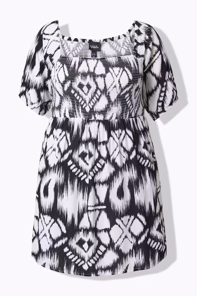 Smocked Patterned Short Sleeve Tunic Blouse