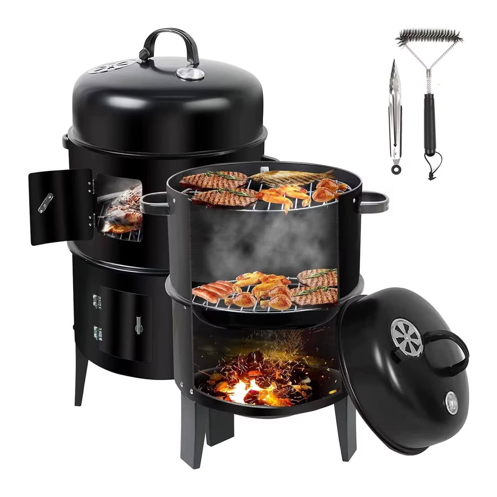 Zxmt 17 inch Vertical Multi-Layer Steel Charcoal Smoker, Heavy Duty Round Charcoal BBQ Grill for Outdoor Smoking Charcoal Grill with Thermometer