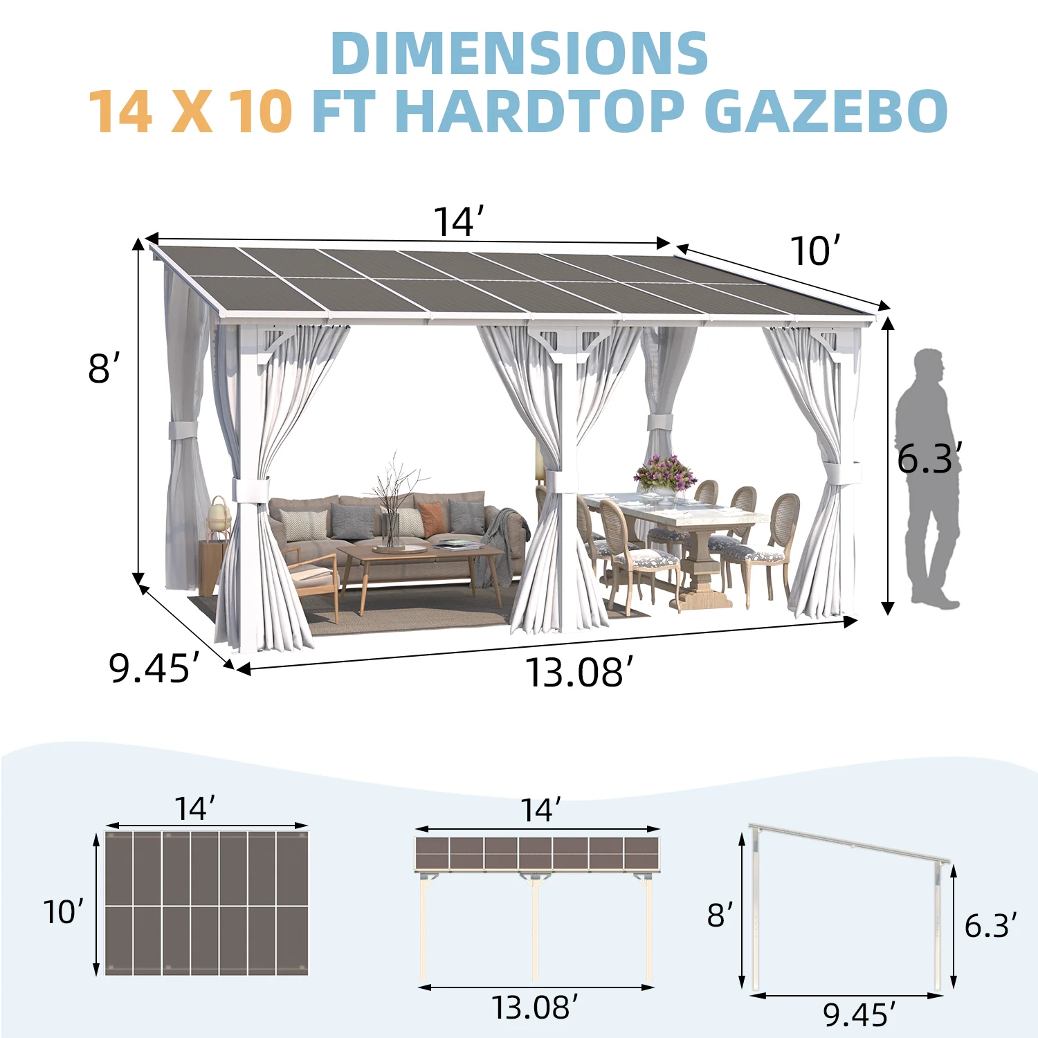 AECOJOY 14'x10' Wall Gazebo with Curtains and Mosquito Netting, White