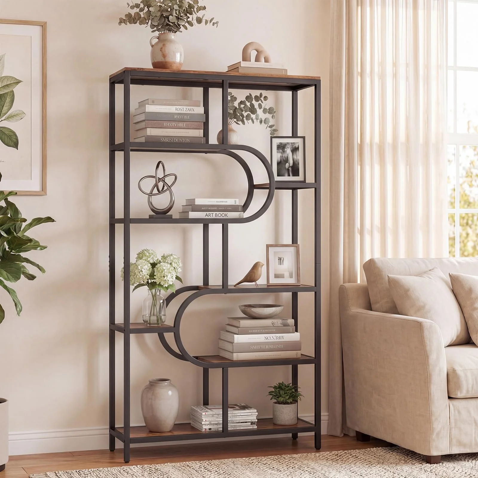 Tangkula Geometric Bookshelf Freestanding Open Bookcase Industrial Display Rack