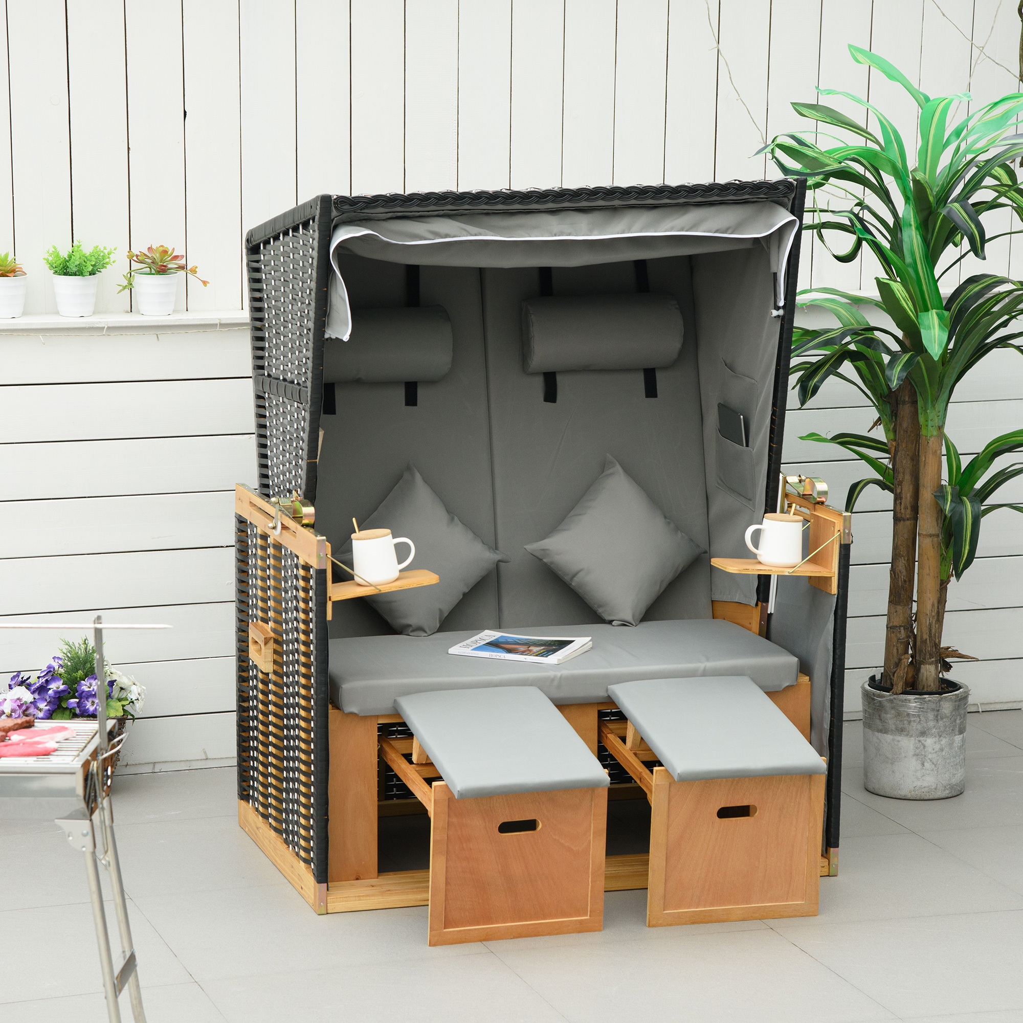 Outsunny strandstoel met dak rotan look klaptafel lichtgrijs 118 x 79 x 150 cm