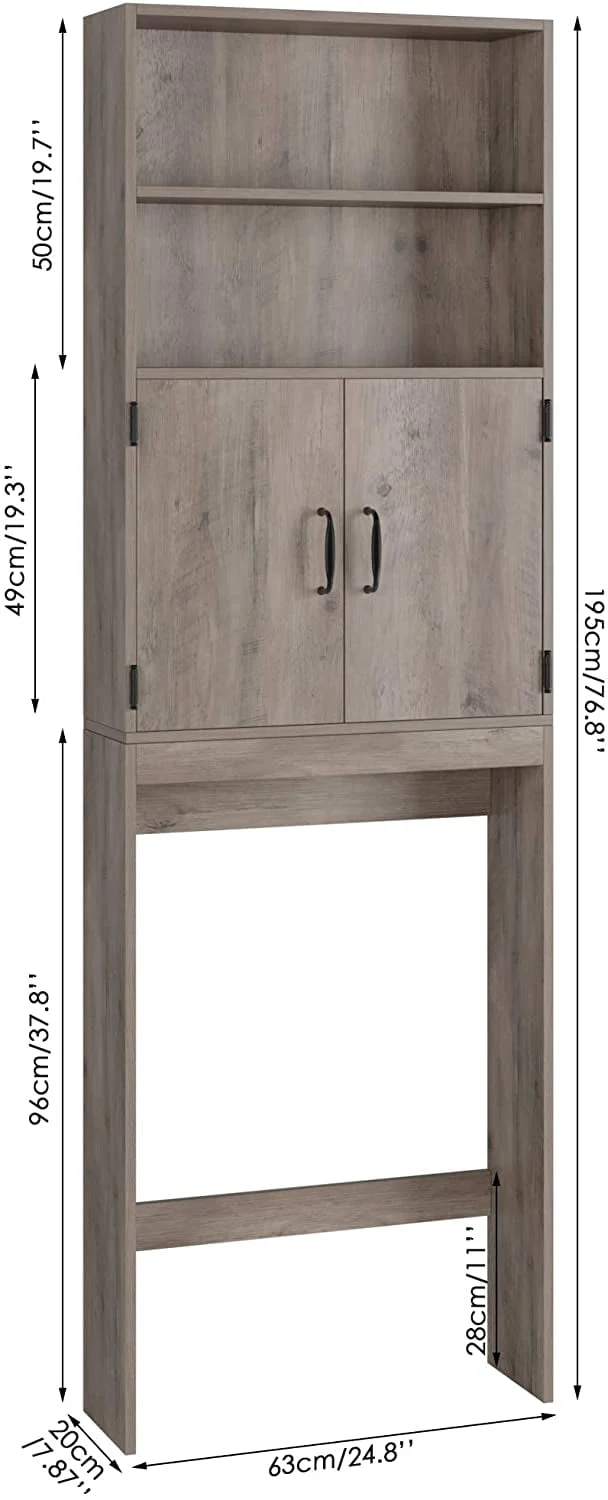 Homfa Over Toilet Storage Rack, Bathroom Storage Cabinet Over Toilet with 4 - Tier Shelves and 2 Doors, Gray Finish