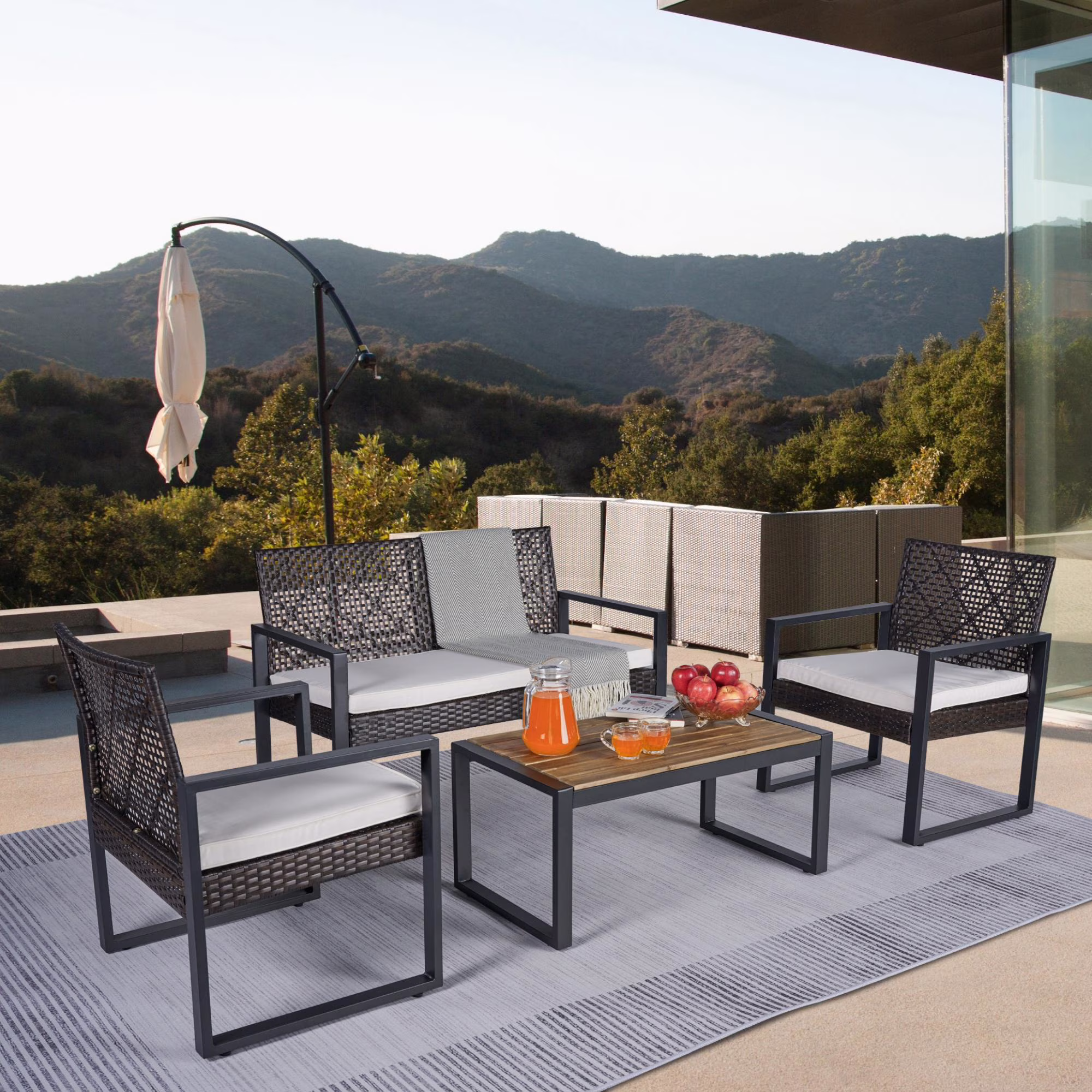 Heavy-duty Patio Furniture Set, 4 Piece Outdoor Sectional Conversation Sets, BrownPE Rattan Patio Sofa Set with Blue Cushions(Luxury-Blue) - Image 7