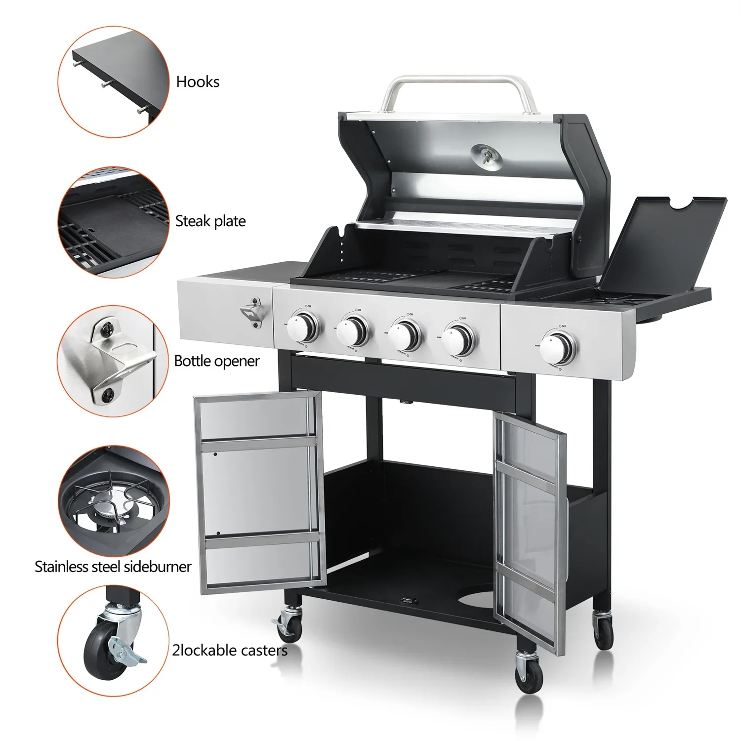 HighSound 3 Burner BBQ Propane Gas Grill, Stainless Steel 25650 BTU Patio Garden Barbecue Grill with Wire Enamel Cooking Grids & Foldable Shelves, Black