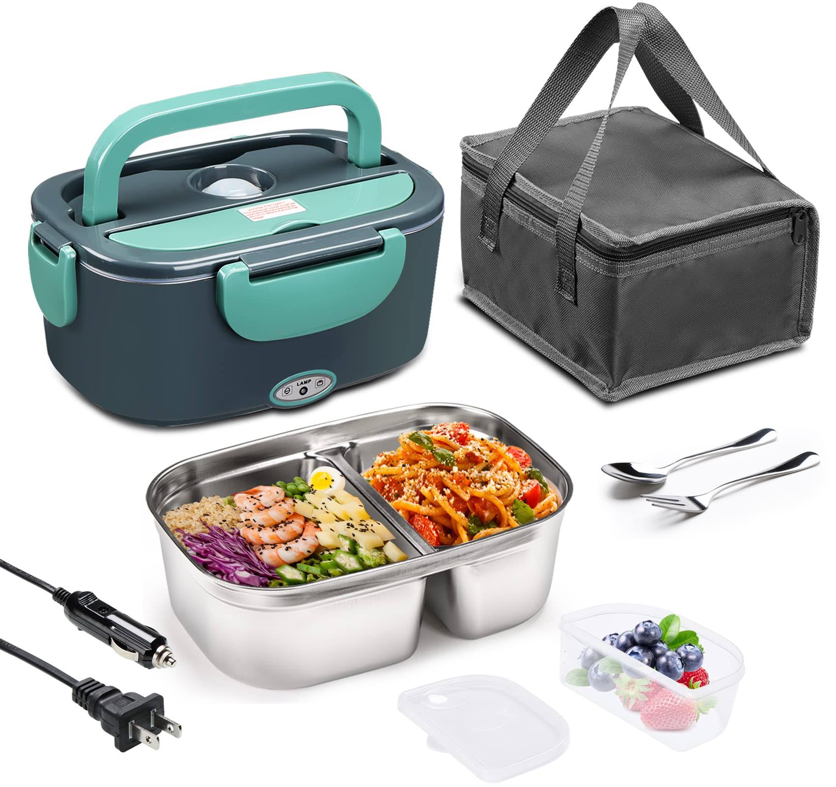 Reabulun Electric Lunch Box 60W Food Heater, Upgraded 2 Compartments Portable Heated Lunch Box for Adults Car Truck Work Travel, Self Heating Lunch