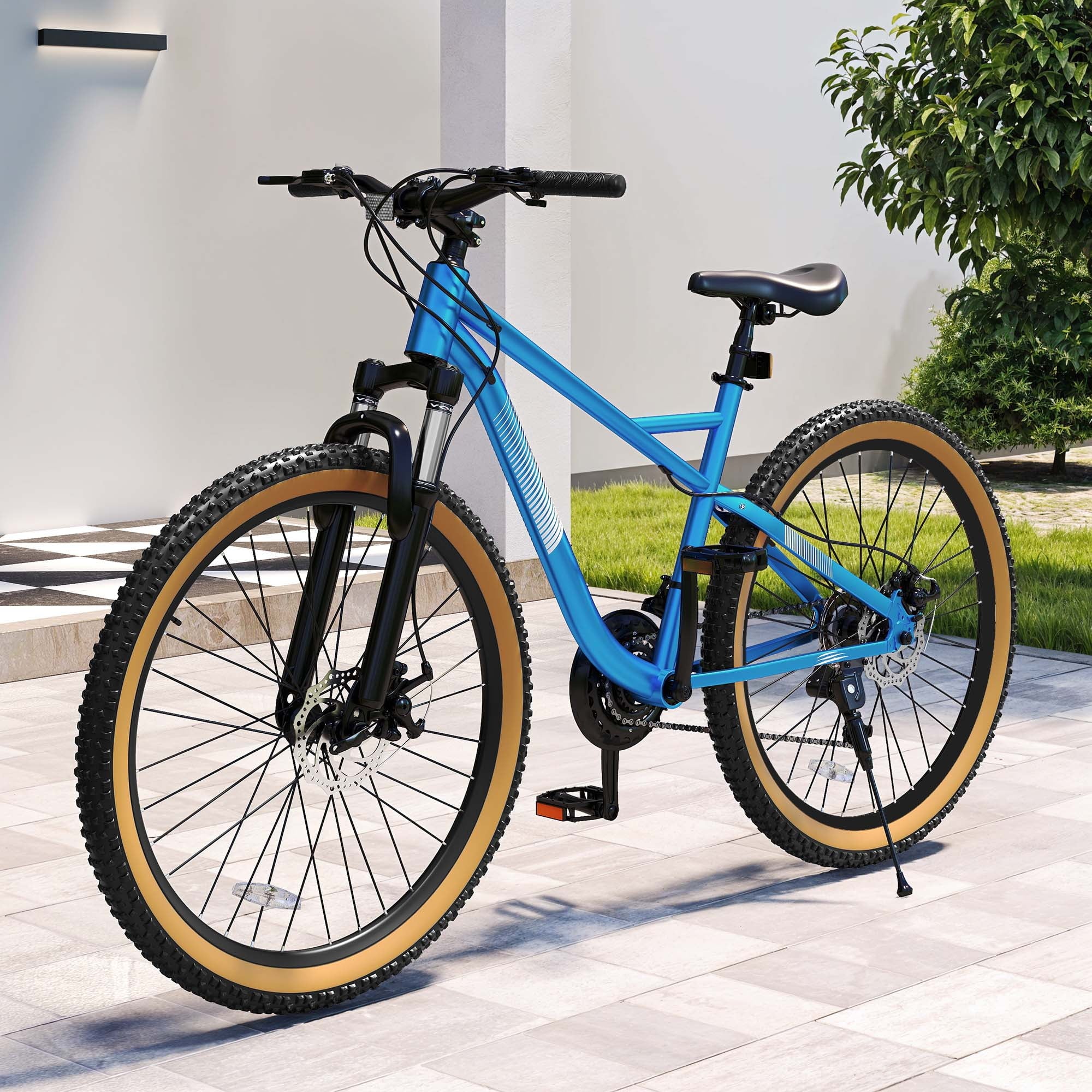 ModFusion 26-Inch Aluminum Alloy Mountain Bike, 21-Speed, Disc Brakes, Black with Brown Tires, 85% Assembled