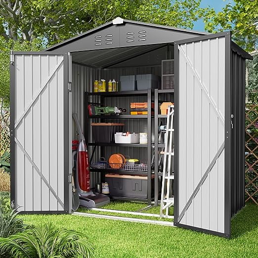 Aiho 6 x 4 FT Outdoor Storage Shed on Clearance with Metal Base  Frame and Double Lockable Doors for Garden, Patio- Grey
