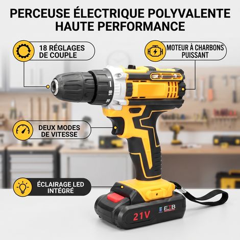 Perceuse Visseuse Sans Fil, Motor de brosse à forage électrique 21V, Perceuse-visseuse électrique 18 couples, moteur à balais, 2 vitesses, LED, pour montage, bricolage et réparation — vue 2