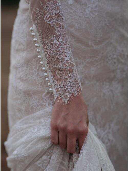 Mermaid Jewel Long Sleeves Lace Wedding Dress with Pearls DML16
