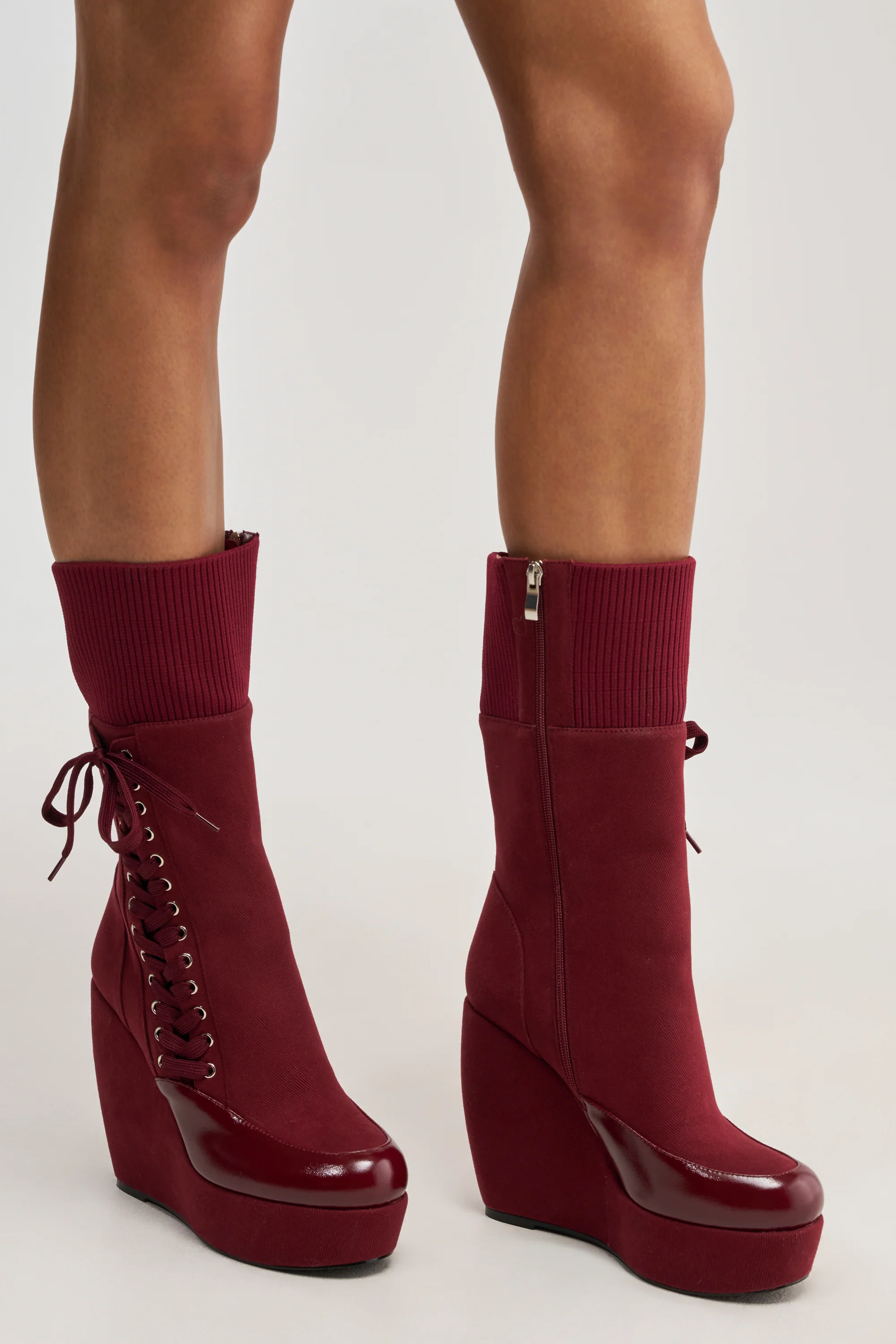 AKIRA GOLD WHATEVER BURGUNDY CANVAS WEDGE BOOTIE - Akira Store