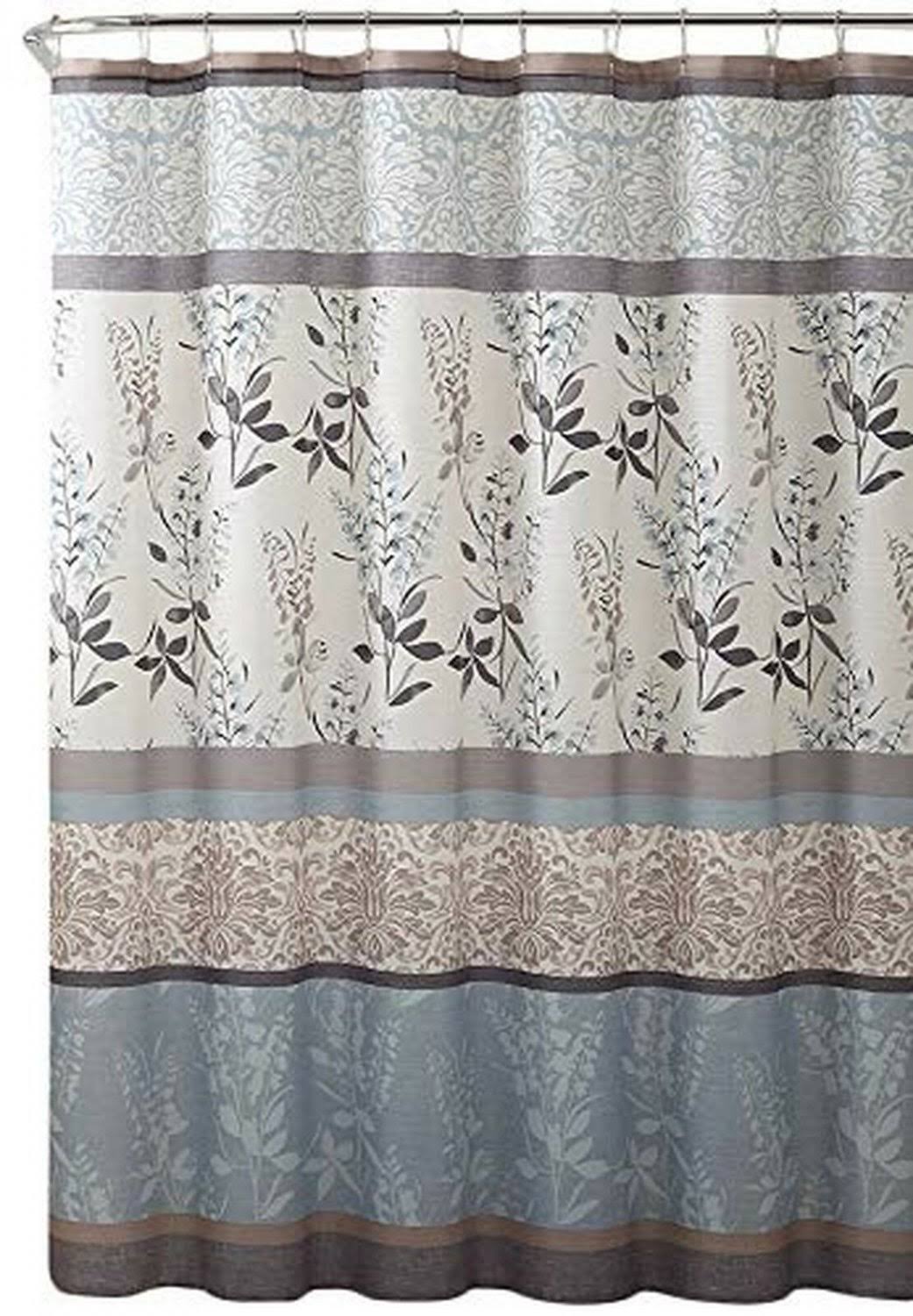 Serafina Home Light Blue Beige Grey Fabric Shower Curtain for Bathroom: Contemporary Floral Bordered Damask Design