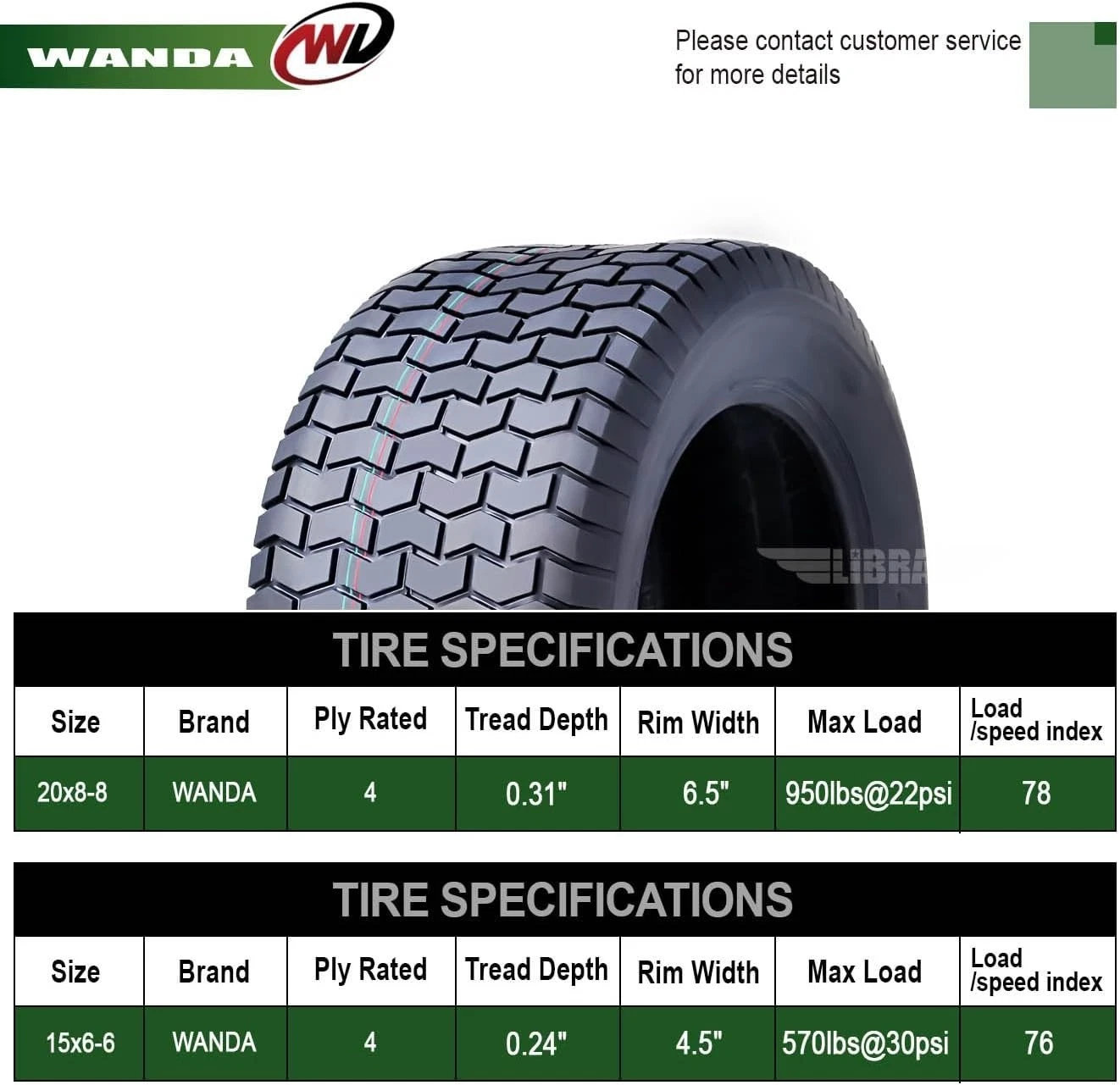 Set 4 15X6-6 20X8-8 Lawn Mower Tractor Cart Turf Tires 4 Ply-13114/13131 - Image 3