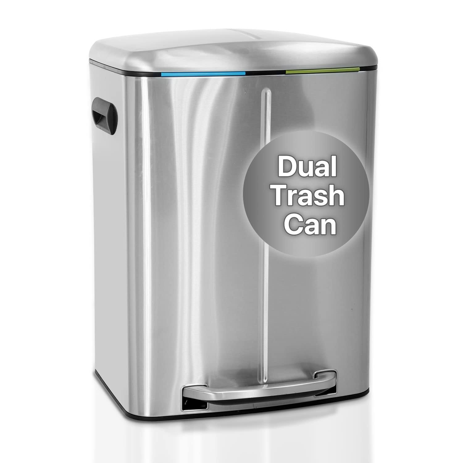 Kitchen Trash Can with Lid & Double Barrel for Bedroom Bathroom Office High Capacity Step Trash Bin Fingerprint-Proof Brushed Stainless Steel