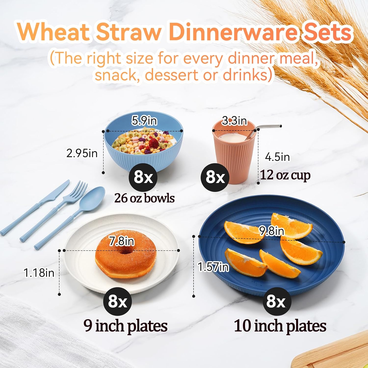 Wheat Straw Dinnerware Sets, 64-Piece Black Plates and Bowls Sets for 8 - Unbreakable, Reusable Plastic Dish Set - Dinner Plate/Dessert Plate/Cereal Bowl/Cup/Utensils - Microwave and Dishwasher Safe 64P-BLACK