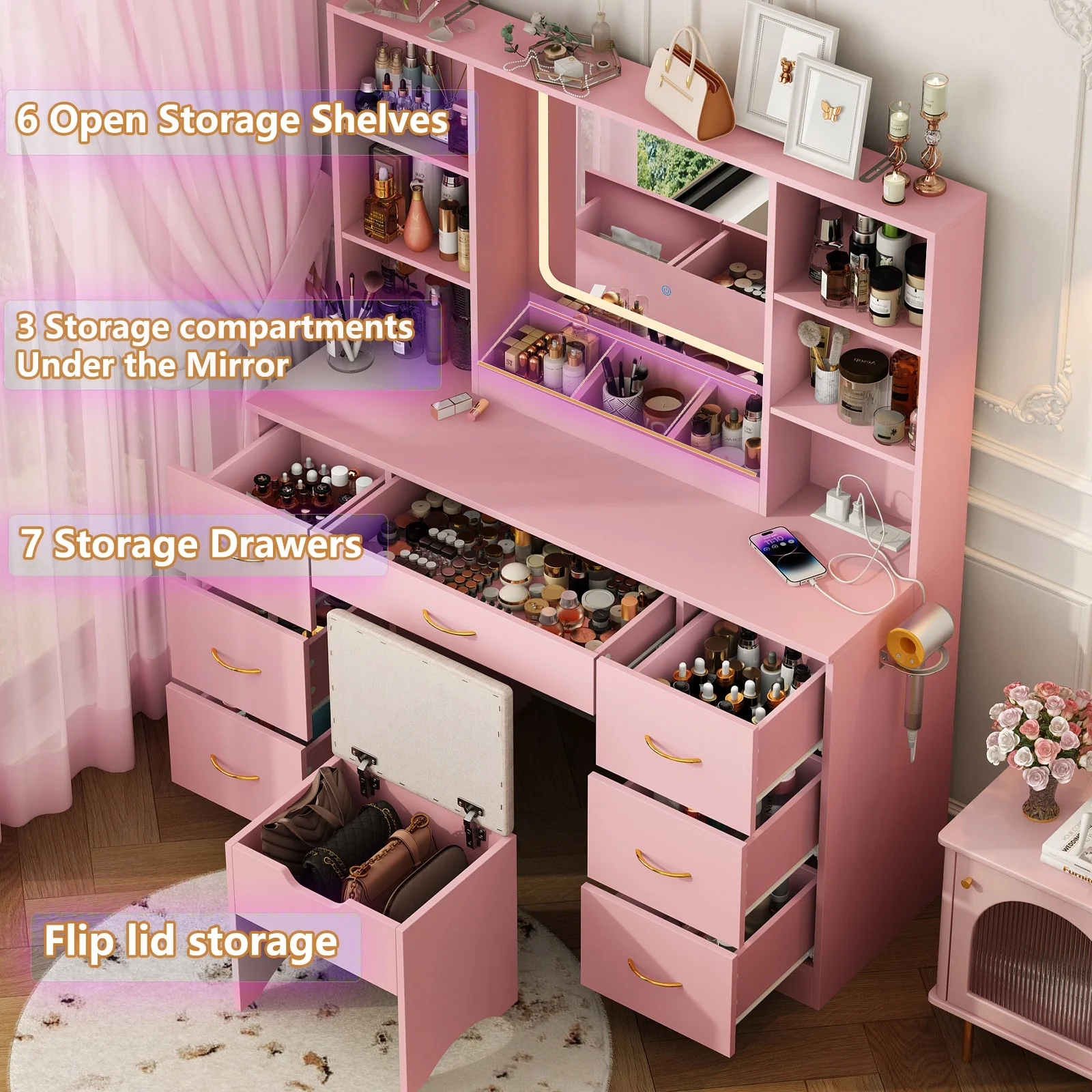 47" Large Vanity Desk with Lighted Mirror Charging Station, Black Makeup Vanity with 7 Drawers 6 Shelves, Vanity Set with Cushioned Stool(Black) Image 10