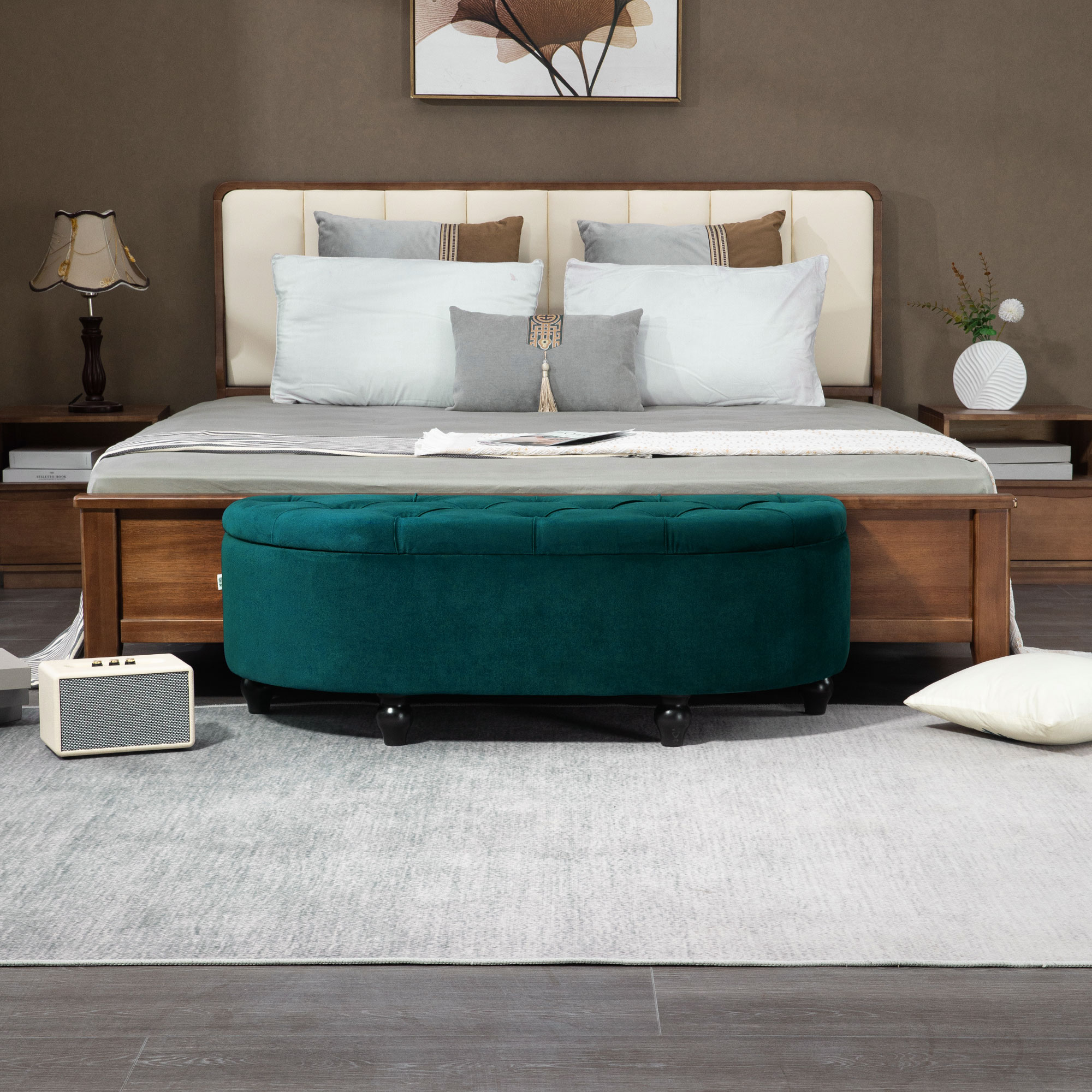 HOMCOM Kruk met Opbergruimte, 2-in-1 Poef, Gepolsterd, Fluwelen Bekleding, Hydraulische Dempers, 120 x 46 x 42 cm, Donkergroen