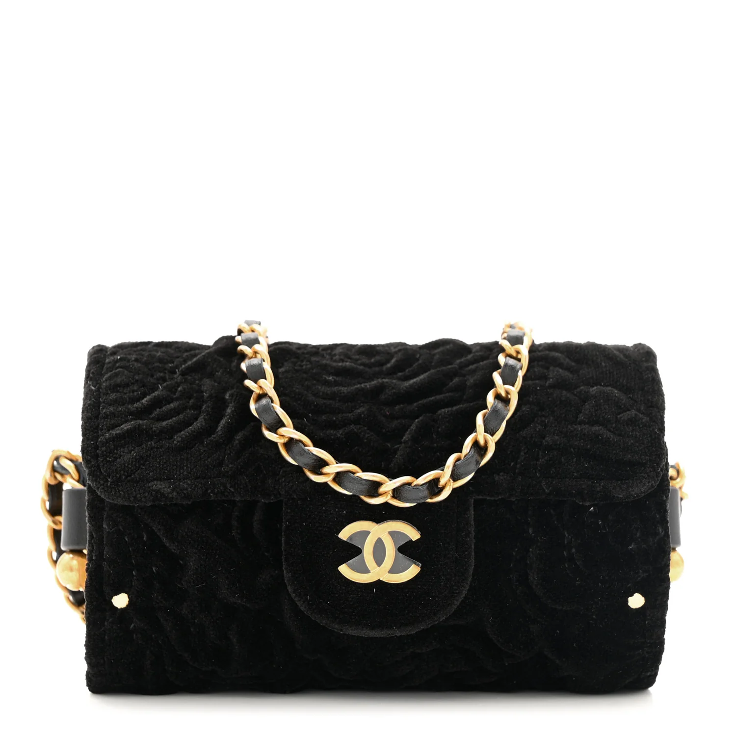 Velvet Camellia Embossed Jewel Belt Card Holder With Chain Black