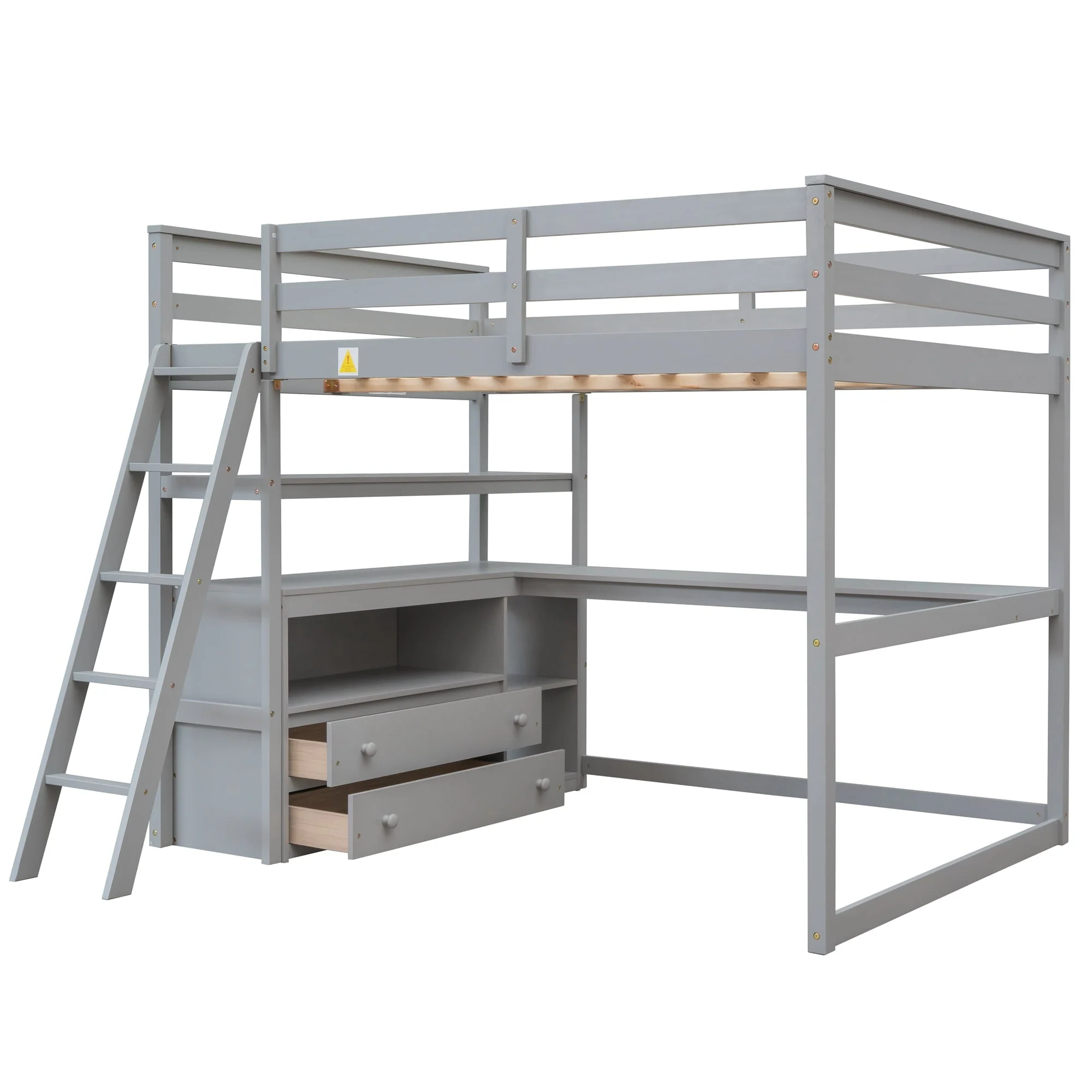 Euroco Full Size Wood Loft Bed with Desk, Shelves and Cabinets for Kids Room, Incline Ladder and 3 Drawers, Gray Image 9
