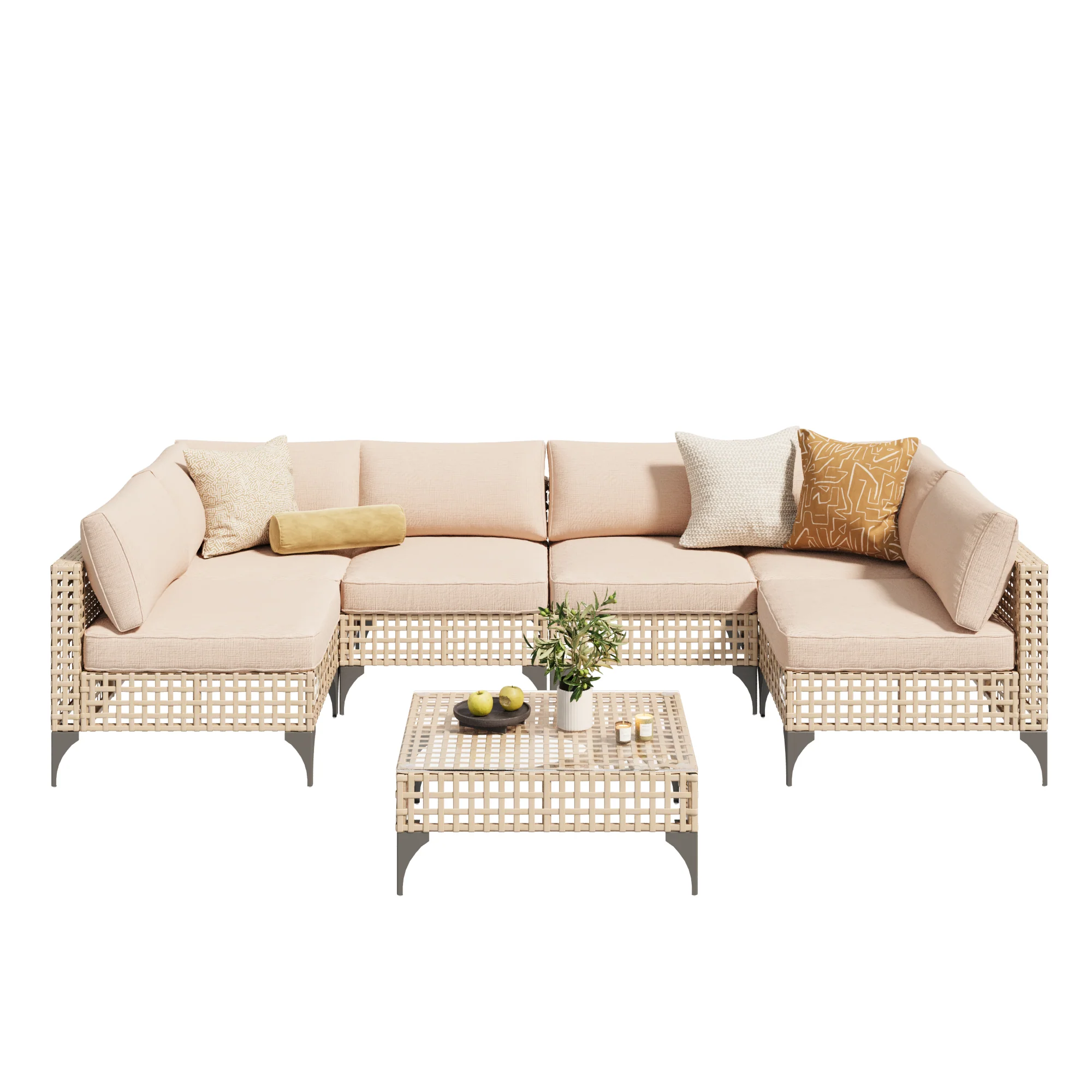 AECOJOY 7-Piece Patio Outdoor Furniture Set, Boho Outdoor Sectional Set, Light Brown&Beige