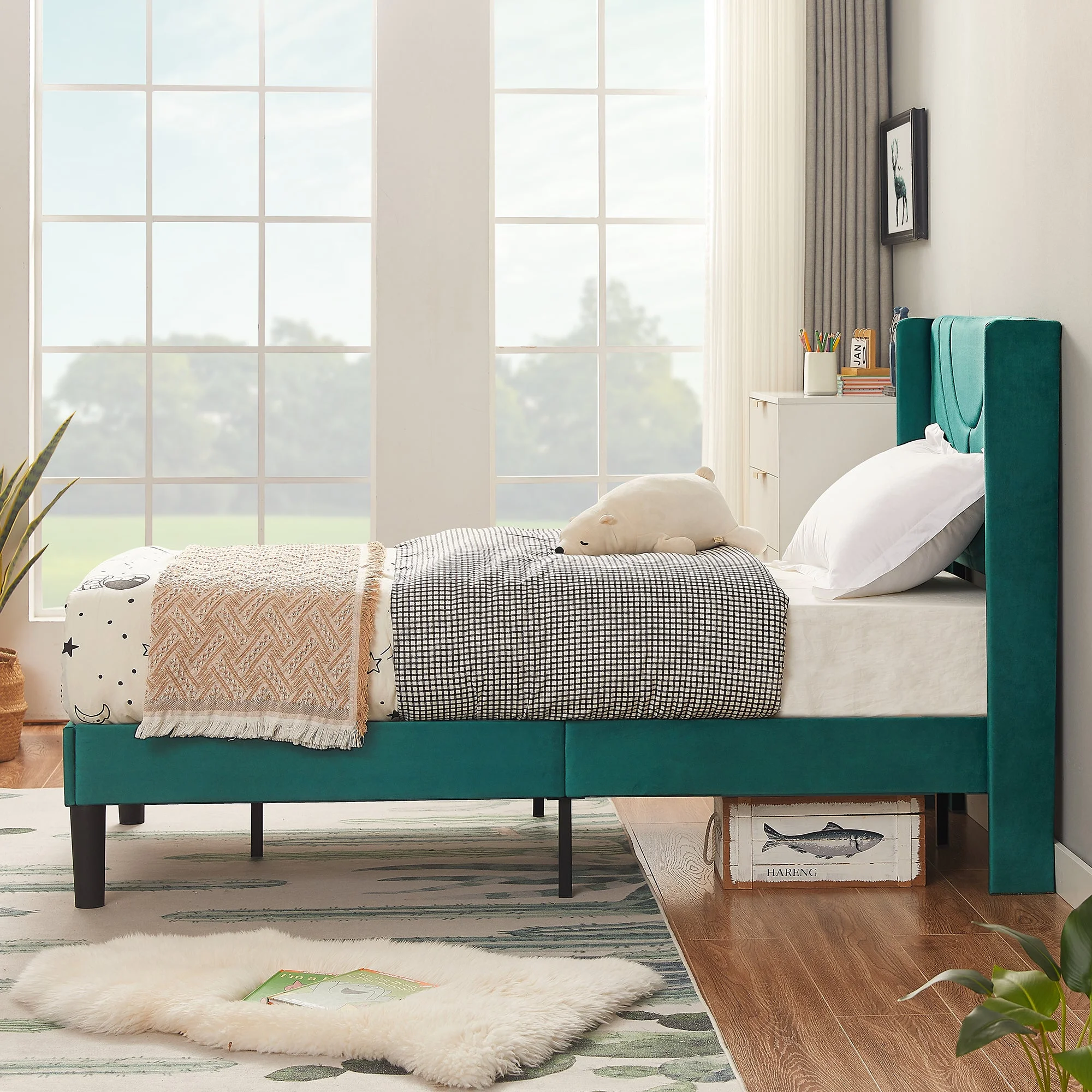 Set of 2 Twin Bed Frames, Modern Upholstered Platform Bed Frame with Tufted Headboard, No Box Spring Needed, Dark Green(Style C/Dark Green) - Image 10