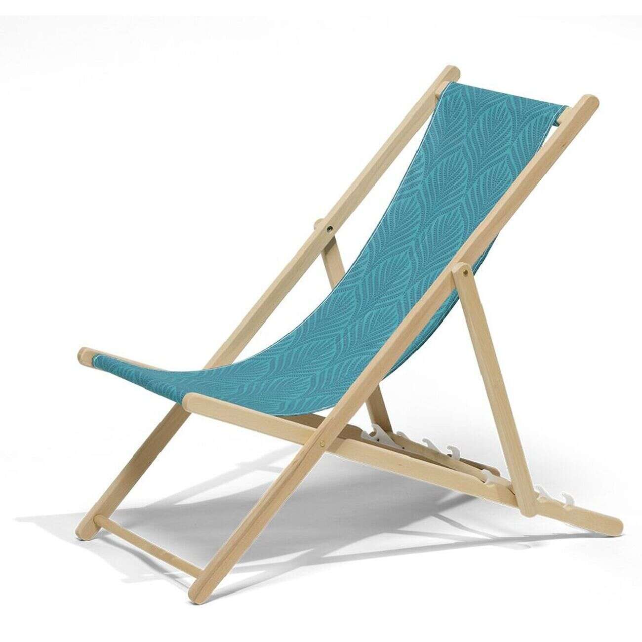 Chilienne hêtre et tissu agrafé coton bleu design palme 96x56xH96cm