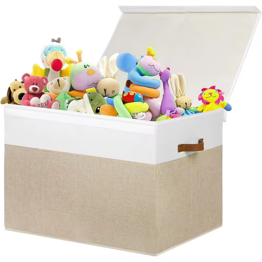 Foldable beige white playroom storage bin with lid