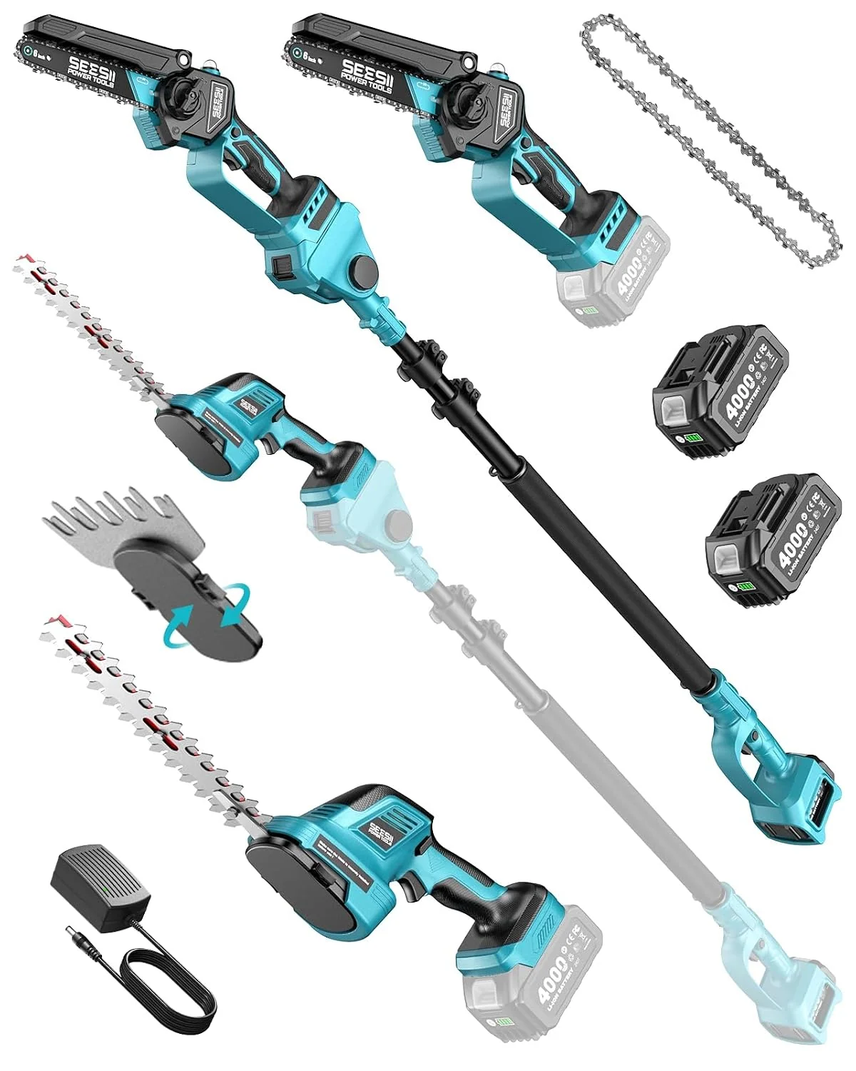 SEESII 6-in-1 Cordless Pole Saw & Hedge Trimmer Combo, Brushless Motor