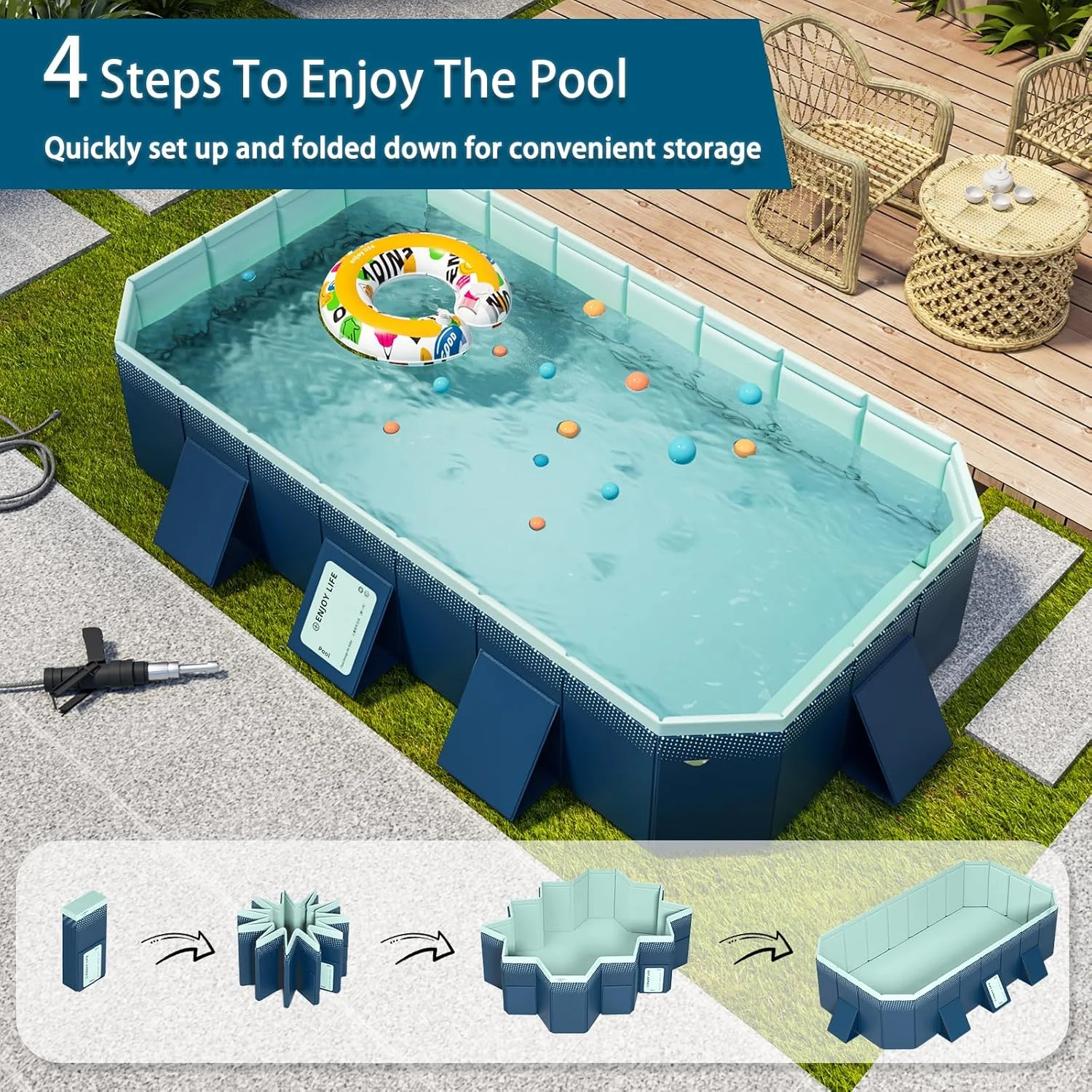 Foldable Large Rectangular Family Swimming Pool, Non-Inflatable, Easy Set-up, Suitable for Adults, Kids and Pet Dogs��Ideal for Outdoor, Backyard(116" x 65" x 21"/Blue) - Image 4