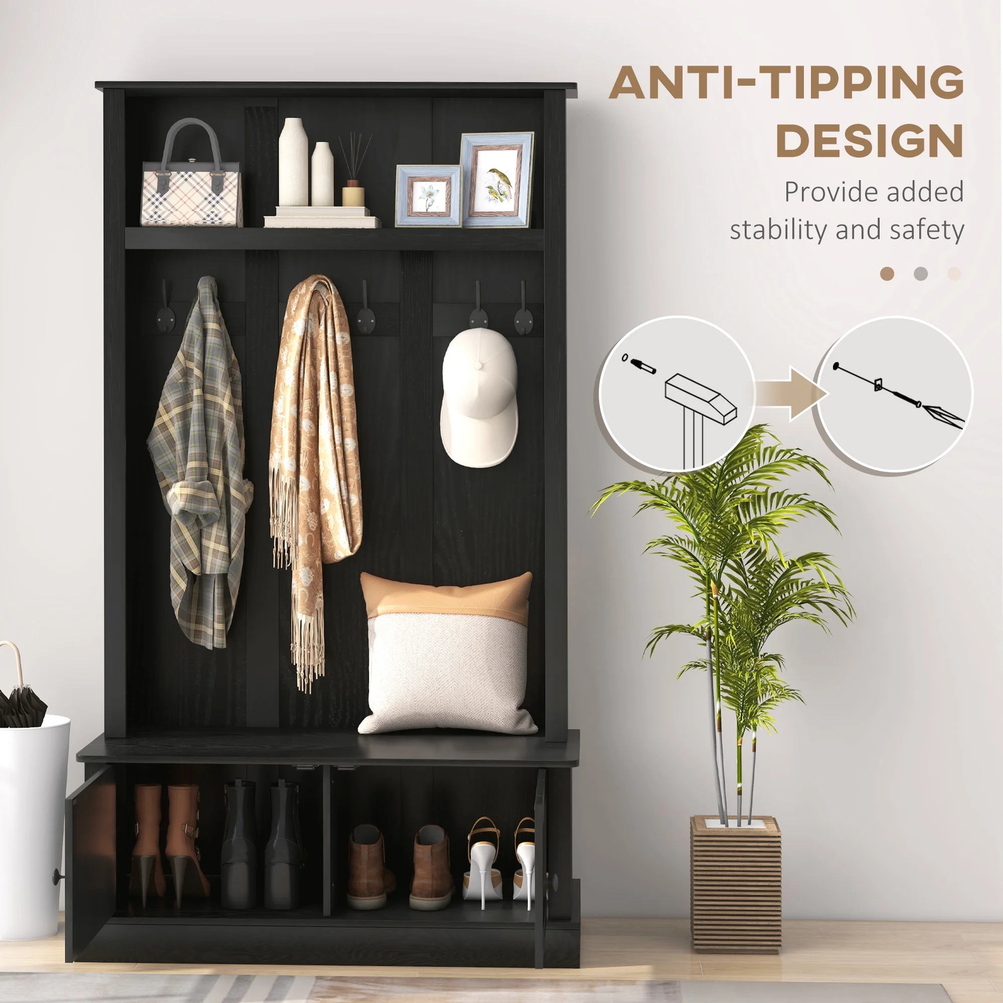 Hall Tree, Entryway Bench w/ Coat Rack, Shoe Cabinet, Black(Black) - Image 8