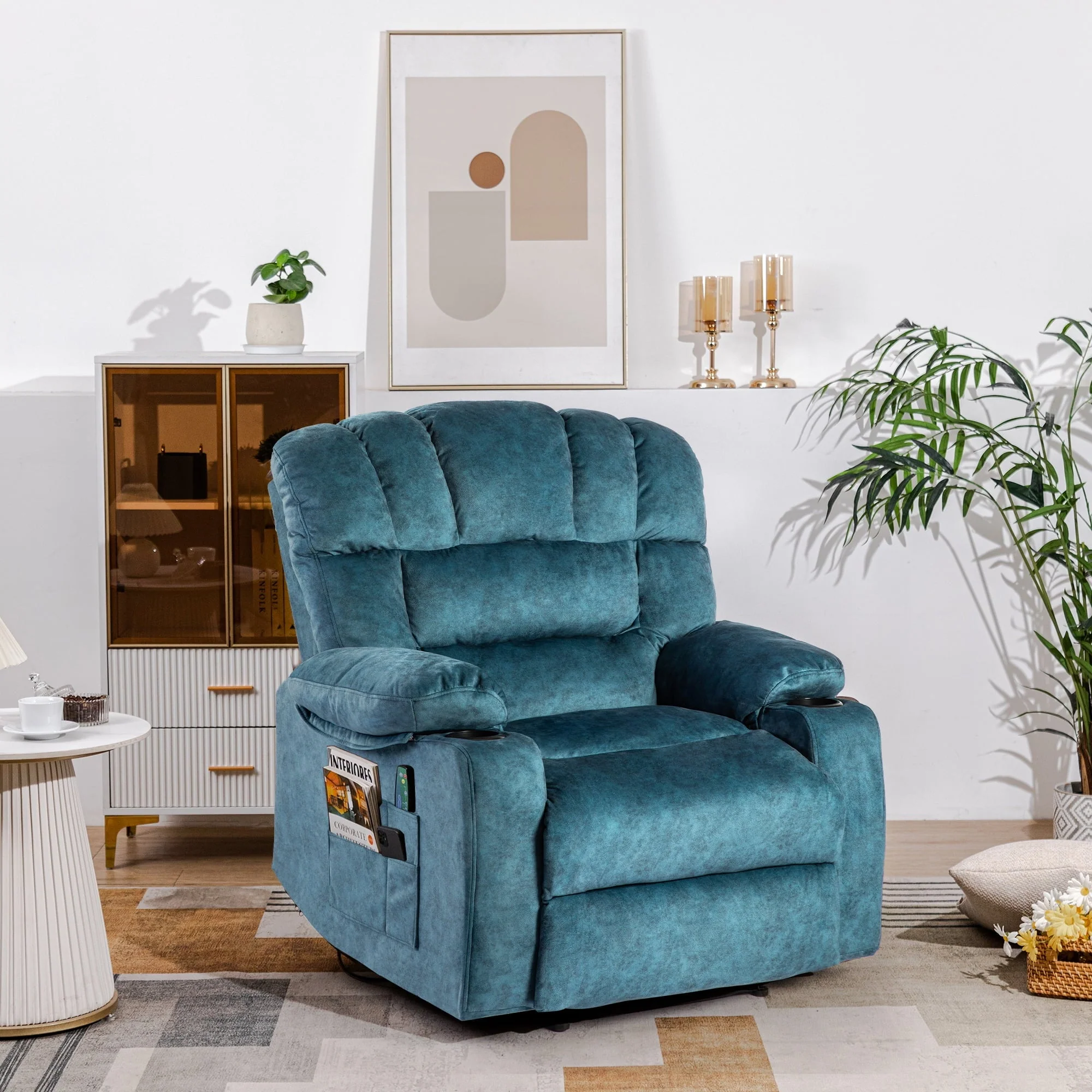 40 9" Wide Super Soft and Oversize Modern Design Velvet Upholstered Manual Recliner Chair with Heating and Massage, Green(Blue) Image 4