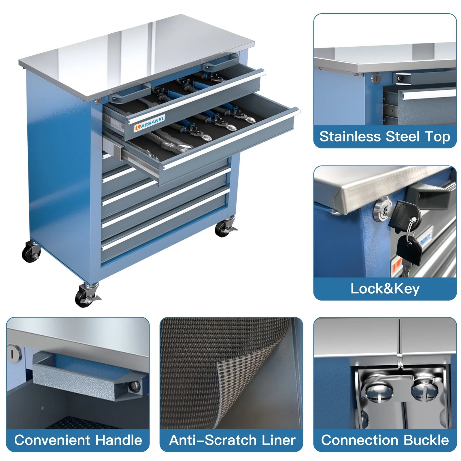 Rolling Tool Chest 5-Drawer Tool Cabinet with Stainless Steel Top Key Lock Heavy-Duty