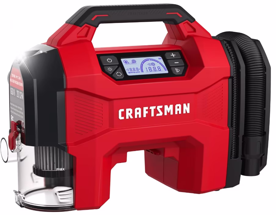 CRAFTSMAN 3 - in - 1 Tire Inflator, 160PSI Portable Air Compressor/Car Vacuum/Dust Blower, 20V Cordless & 12V Car Power, Air Pump with LED Light for Cars Trucks RV Tires (Battery Sold Separately)