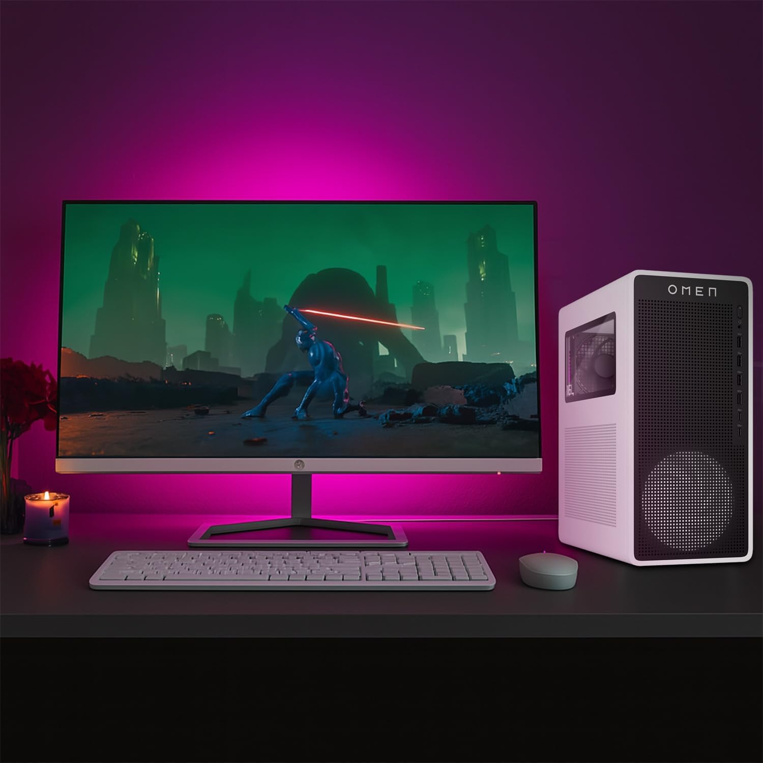 HP Omen 16L TG03 Gaming Desktop PC  Intel Ultra 7 265F  RTX 5060 GPU  32GB DDR5 RAM  1TB NVMe SSD  OMEN Hub  Thunderobot Gaming Keyboard Bundle  Black