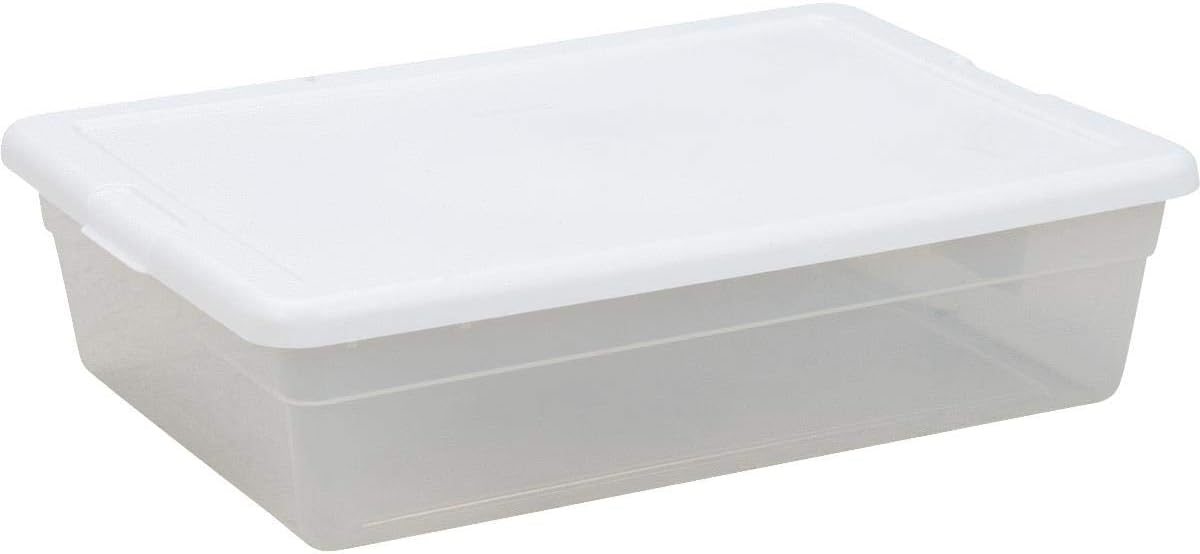 Sterilite 28 Qt Underbed Storage Box, Stackable Bin with Lid, Plastic Container for Organizing, Bedroom, Clear Base and White Lid, 1-Pack