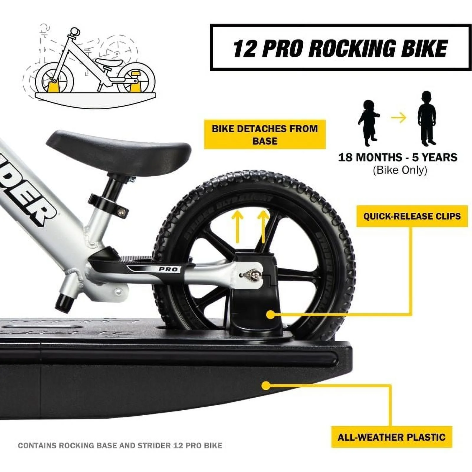 Strider - 12 Pro 2 - in - 1 Rocking Balance Bike, Ages 6 Months to 5 Years - Silver
