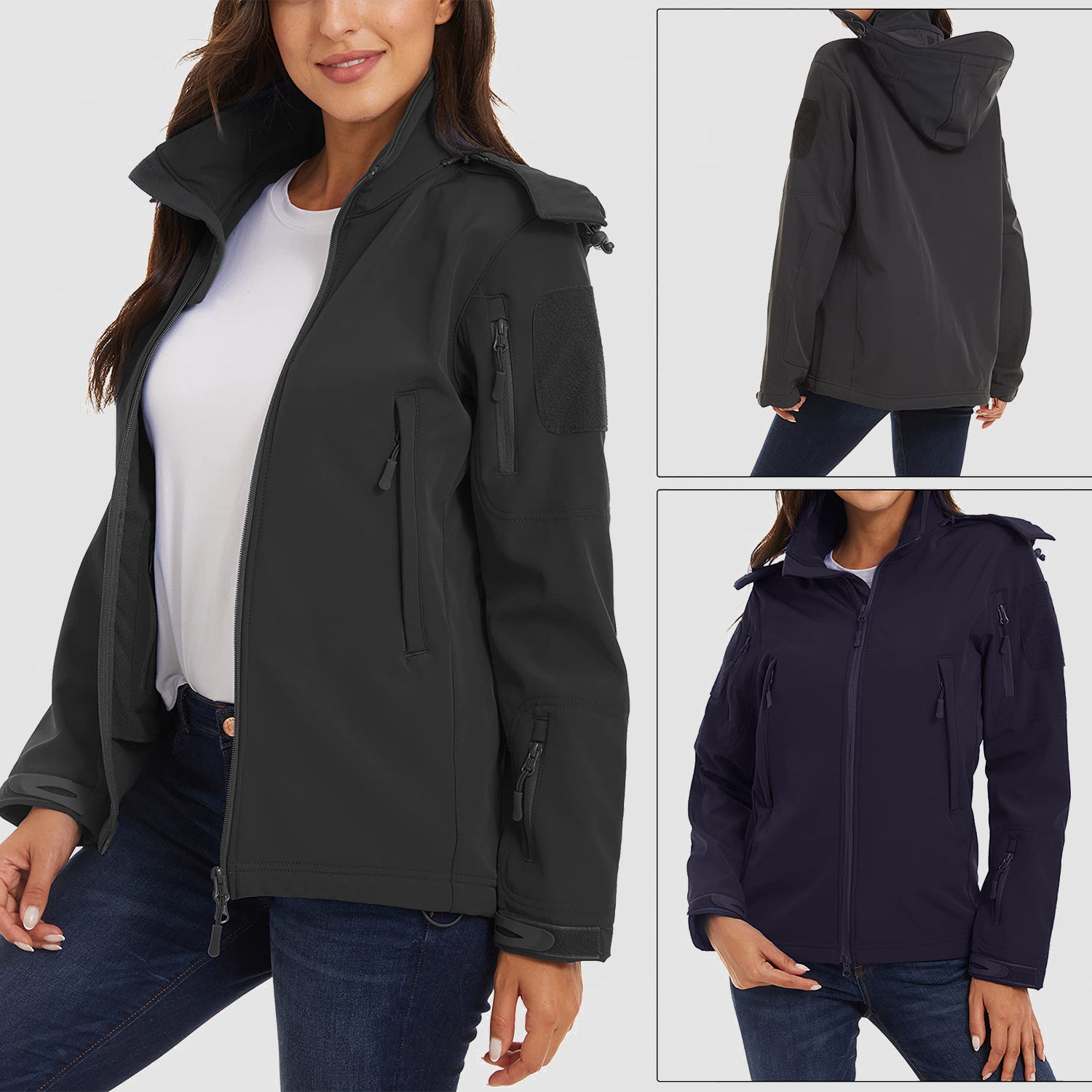 Veste d'hiver à capuche pour femme avec 6 poches, imperméable, coupe-vent, polaire softshell, style tactique
