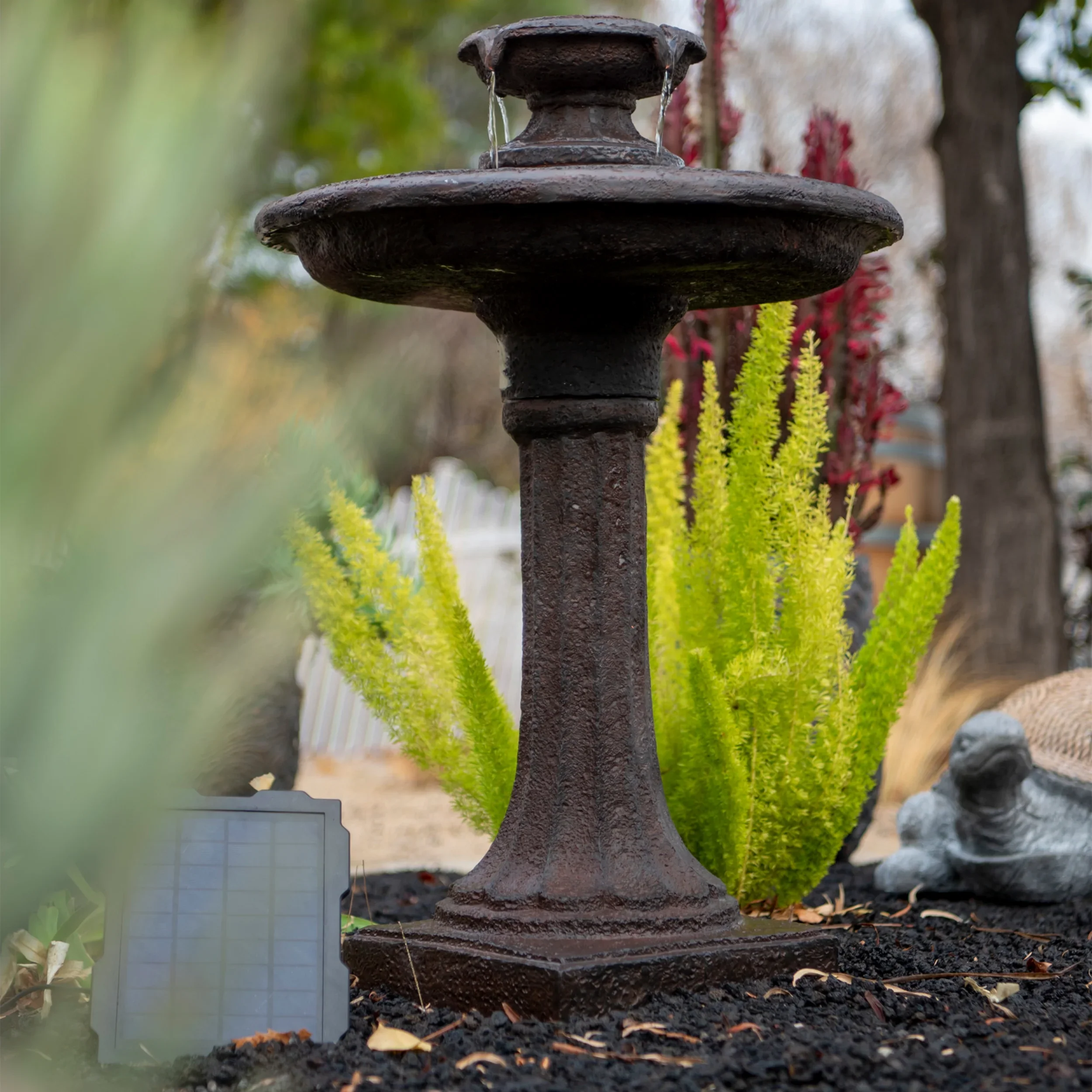 XBrand 28 Solar Water Fountain, 1-Tier, Outdoor Birdbath, Brown Resin, With Solar Panel, Solar Pump, Lawn and Garden, Garden Décor, Garden Water Feature