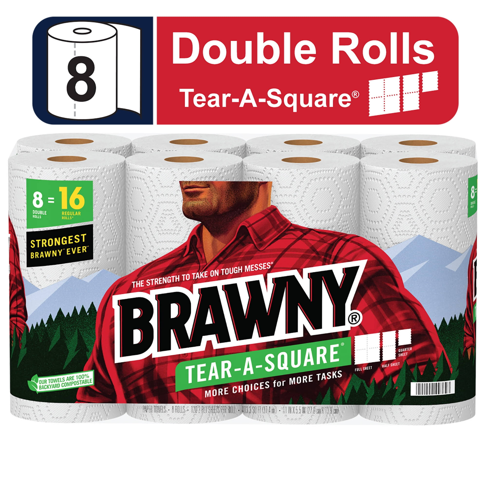 Brawny Tear-A-Square Paper Towels, Double Rolls - 8 rolls