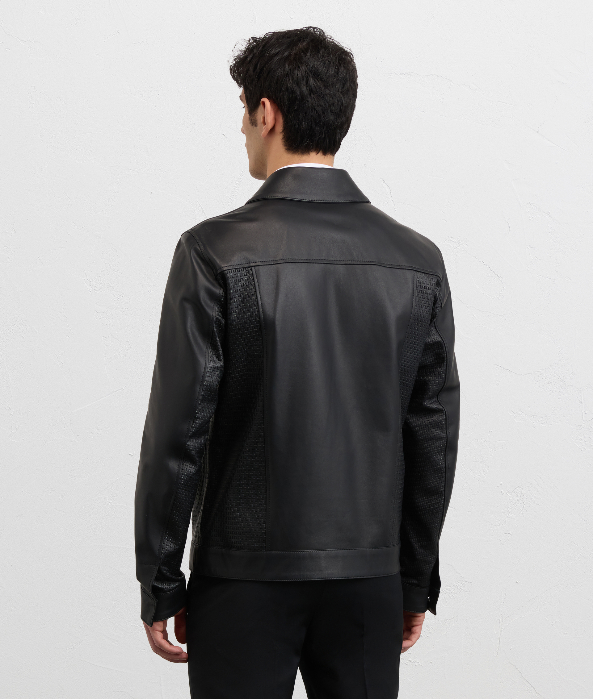 BLACK LEATHER BLOUSON WITH SHIRT COLLAR